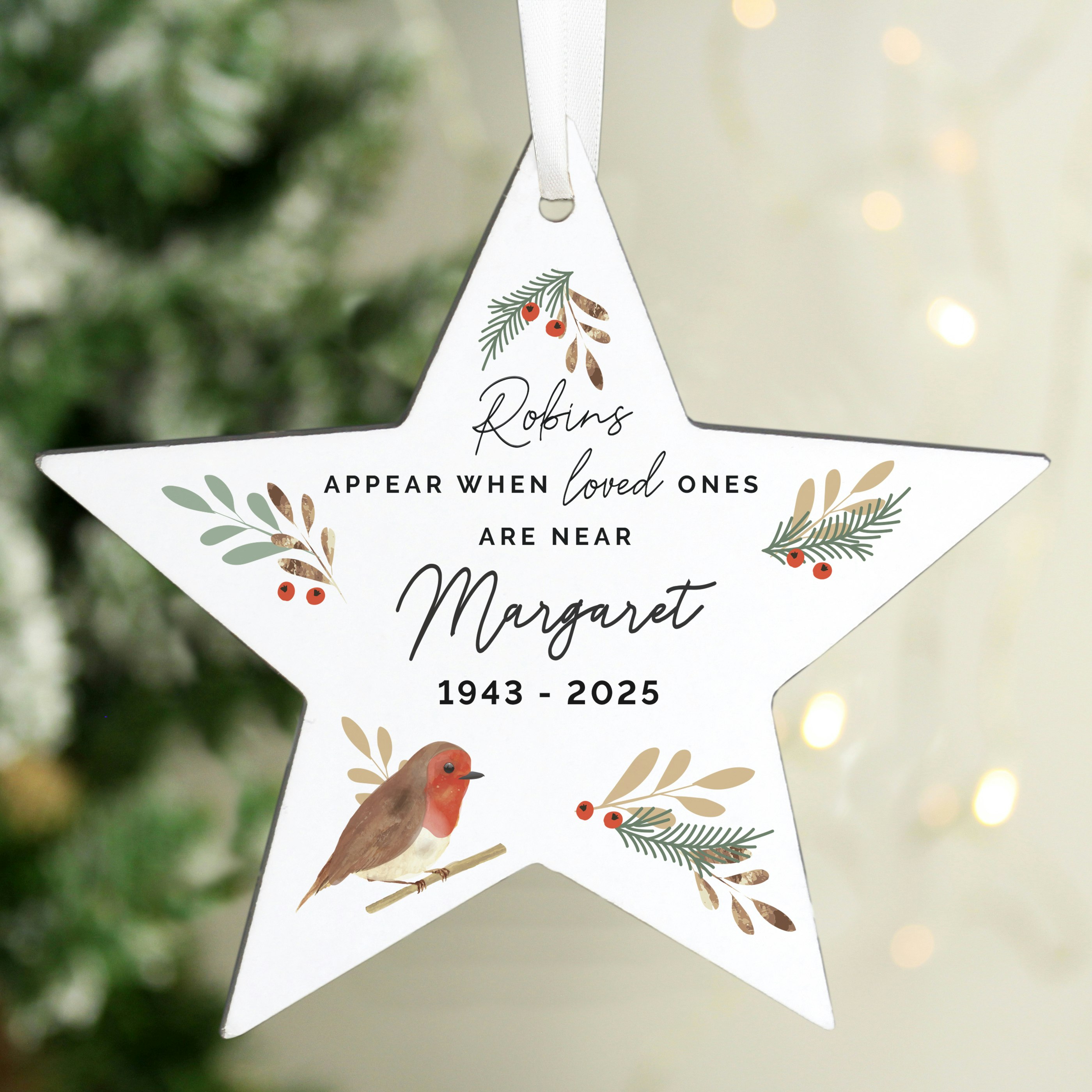 Personalised Memento Company White Personalised Robin Memorial Star Ornament