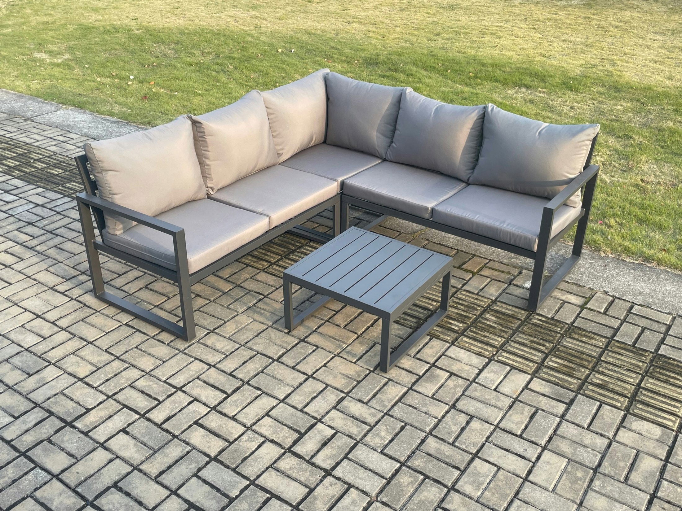 Rackhams Dark/Grey Outdoor Garden Furniture Set Aluminium Lounge Sofa Square Coffee Table Sets Indoor Conservatory Set