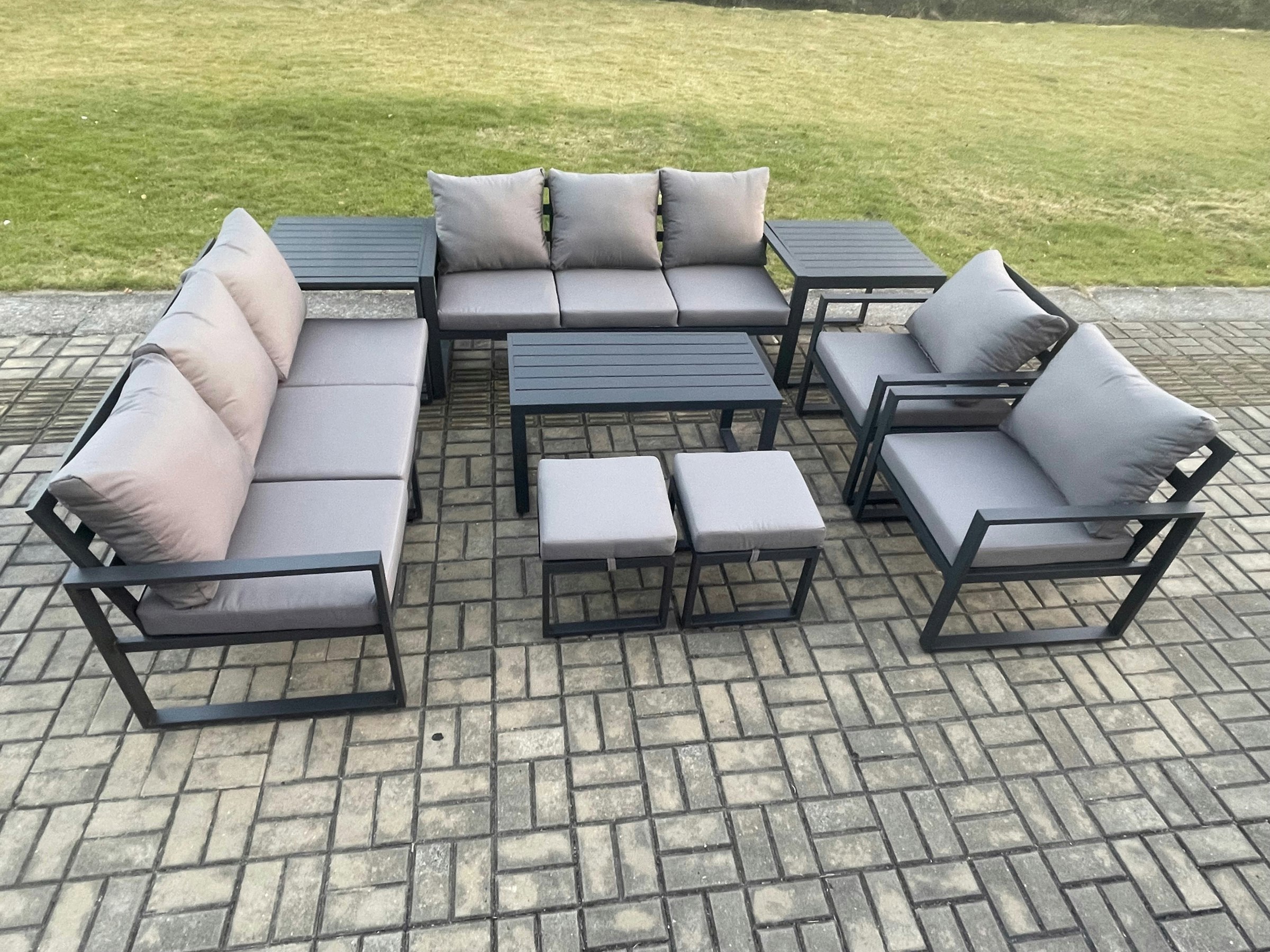 Fimous Dark/Grey Aluminium Outdoor Garden Furniture Lounge Sofa 2 Pc Chairs Oblong Coffee Table Sets With 2 Side Tables 2 Small Footstool