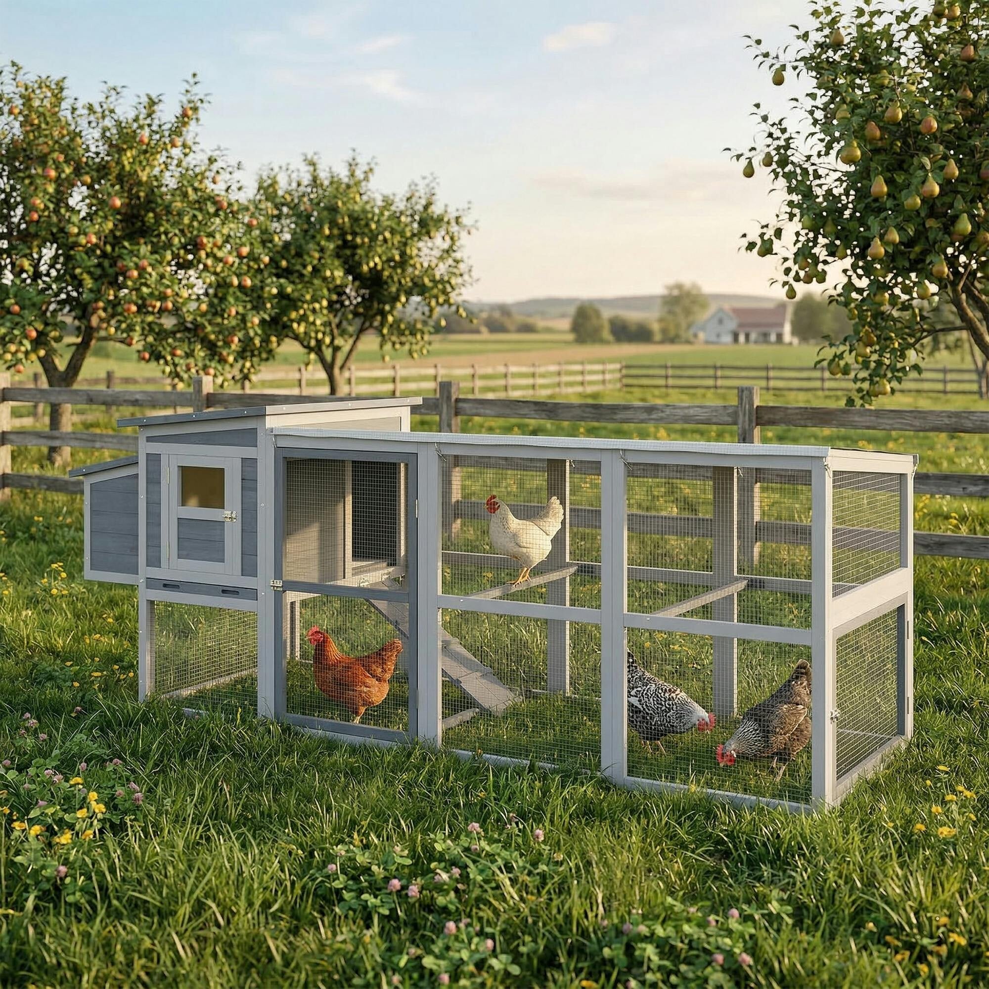 Pawhut Unisex Grey Large Chicken Coop, Wooden Hen House With Covered Run, Nesting Box In - Image 2