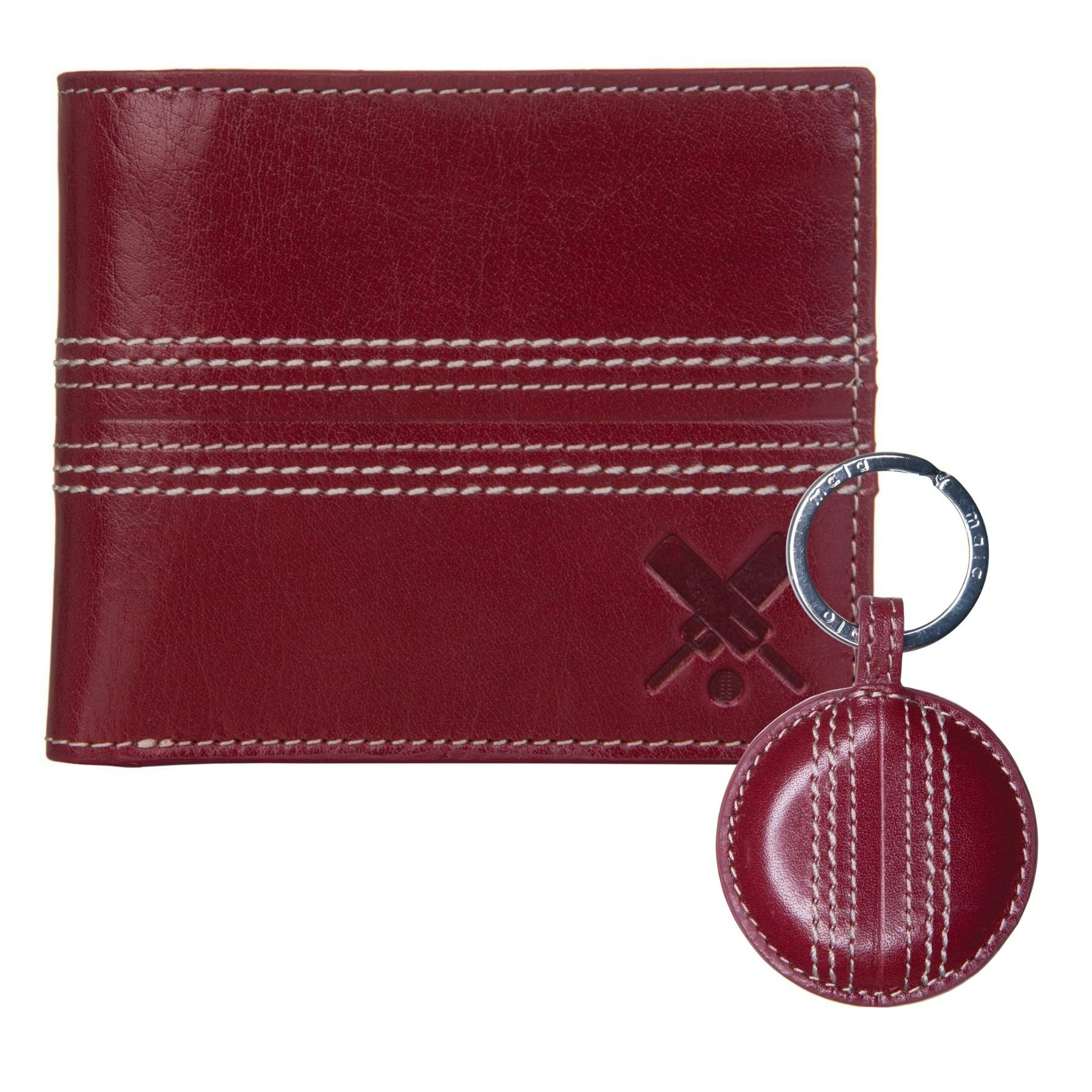 Mala Leather Red Cricket Gift Set – Leather Rfid Wallet & Hand-Stitched Cricket Ball Keyring - Cherry