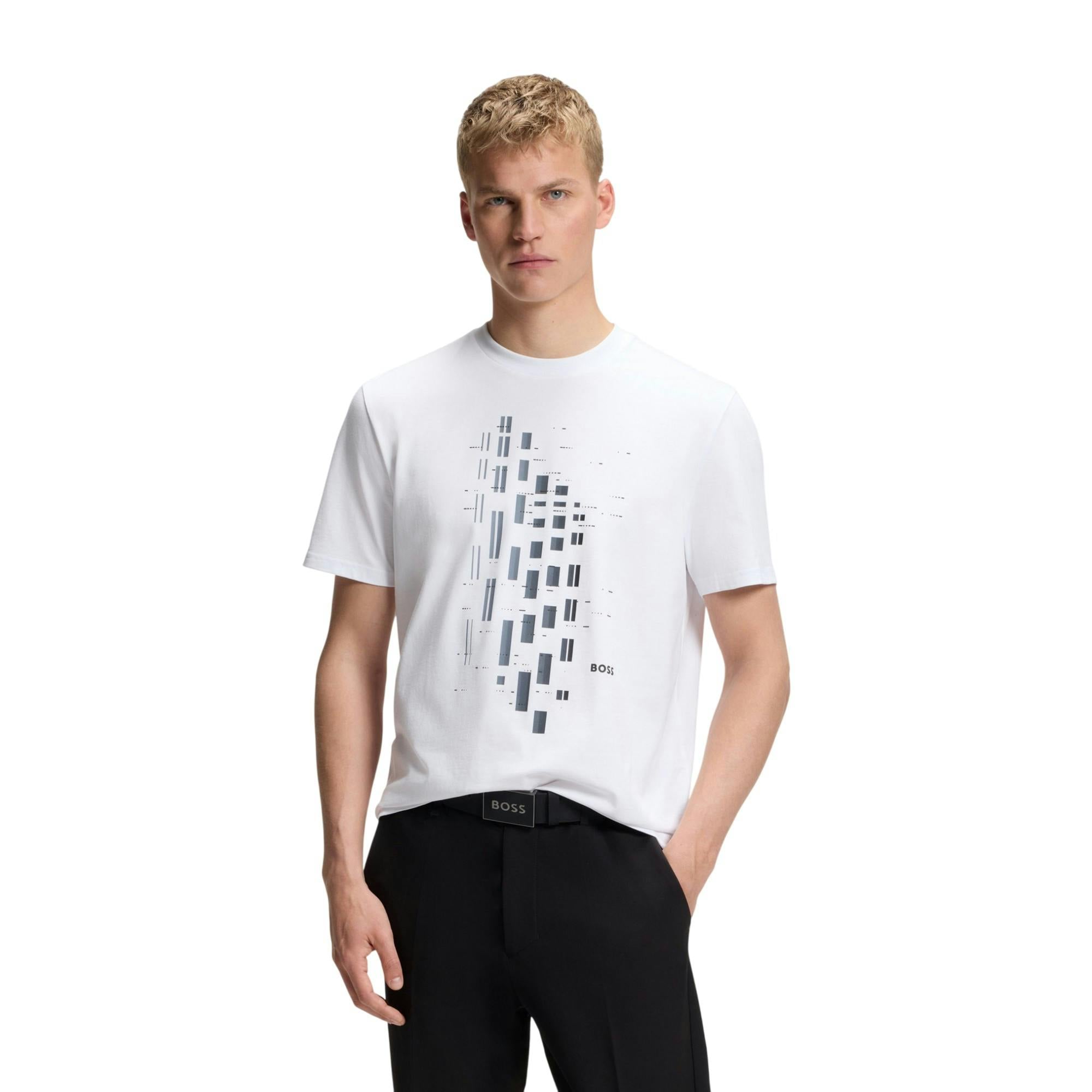 Boss Men's White Geometric Stretch Regular T-Shirt - M - 95% Cotton/5% Elastane