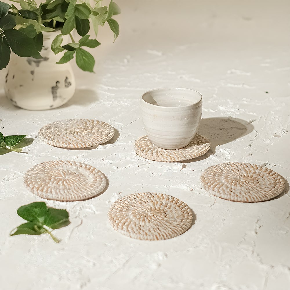 Coastal Villa Homeware White Round Rattan Coaster - Wash