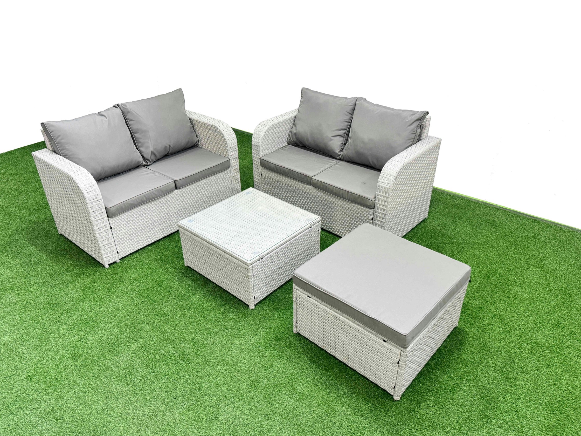 Fimous Light/Grey 5 Seater Outdoor Love Sofa Set Rattan Garden Furniture Set With Square Coffee Table Big Footstool