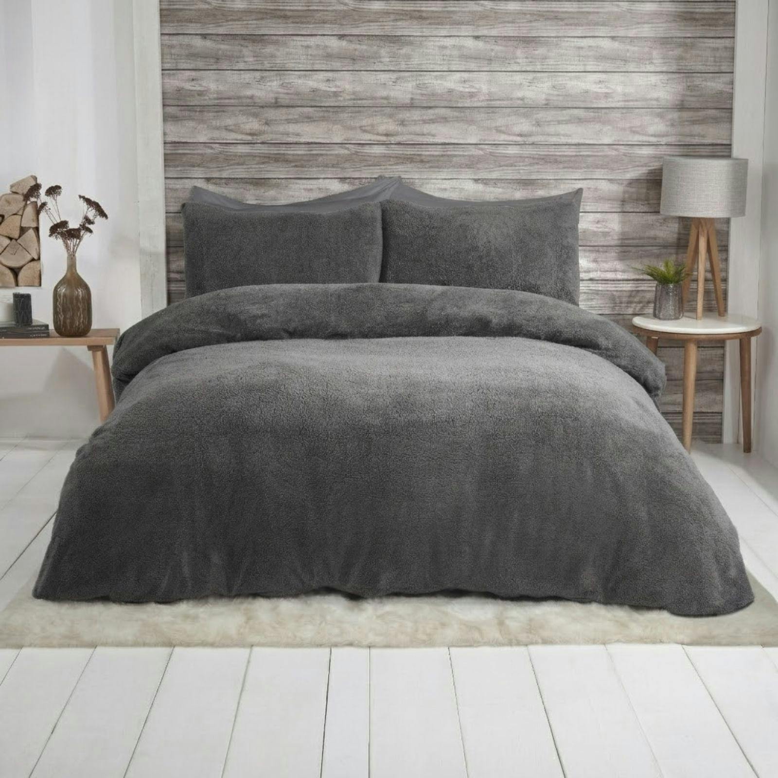 Rackhams Teddy Fleece Duvet Cover With Pillowcases - Charcoal - Single (135Cm X 200Cm)