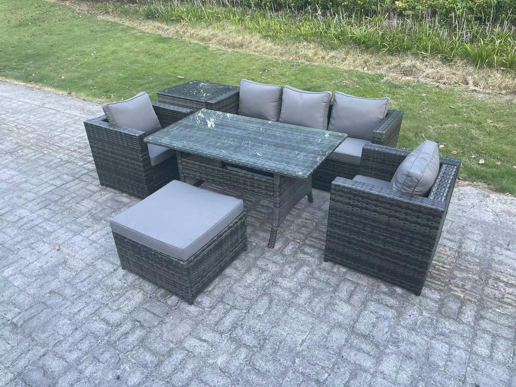 Fimous Dark/Grey Pe Wicker Rattan Garden Furniture Set Outdoor Rectangular Dining Table Lounge Sofa Chair With Side Table Stool Seater Size 6