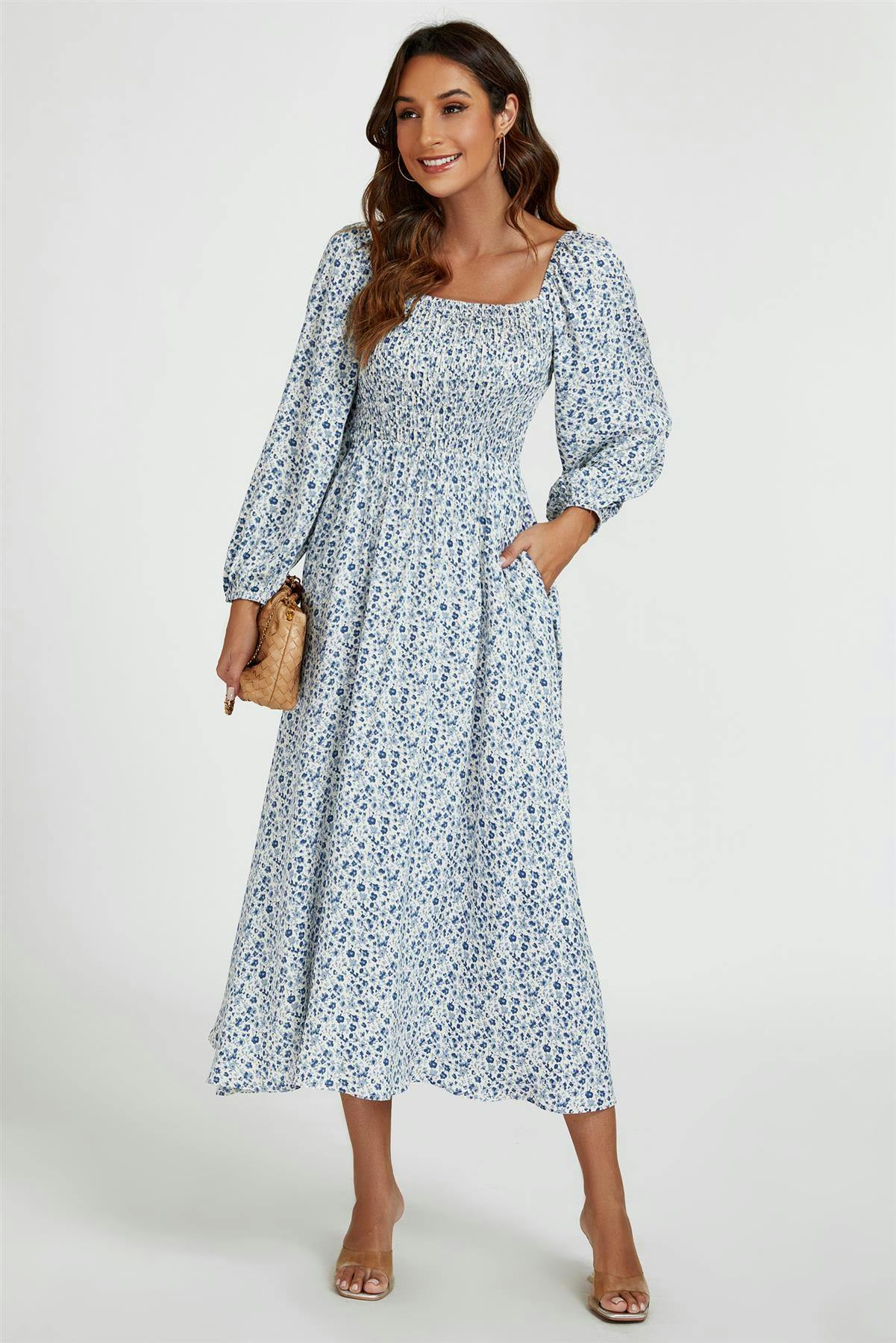 Fs Collection Light/Blue Floral Print Square Neck Maxi Dress In - Xl