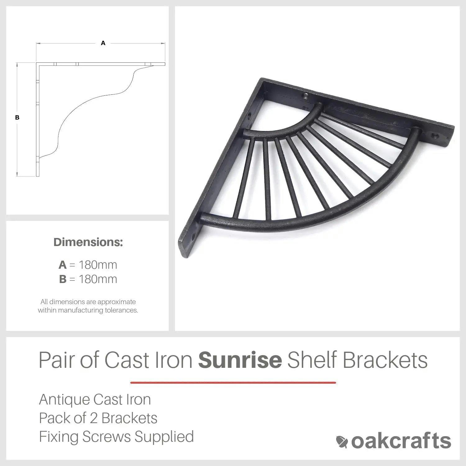 Oakcrafts Pair Of Antique Cast Iron Sunrise Shelf Brackets - 180Mm X 180Mm