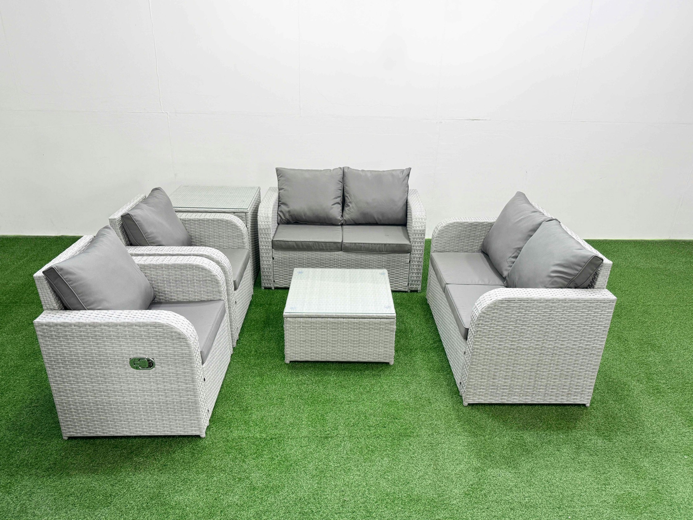 Rackhams Light/Grey 6 Seater Outdoor Reclining Chair Love Sofa Set Rattan Garden Furniture Set With Square Coffee Table Side Table