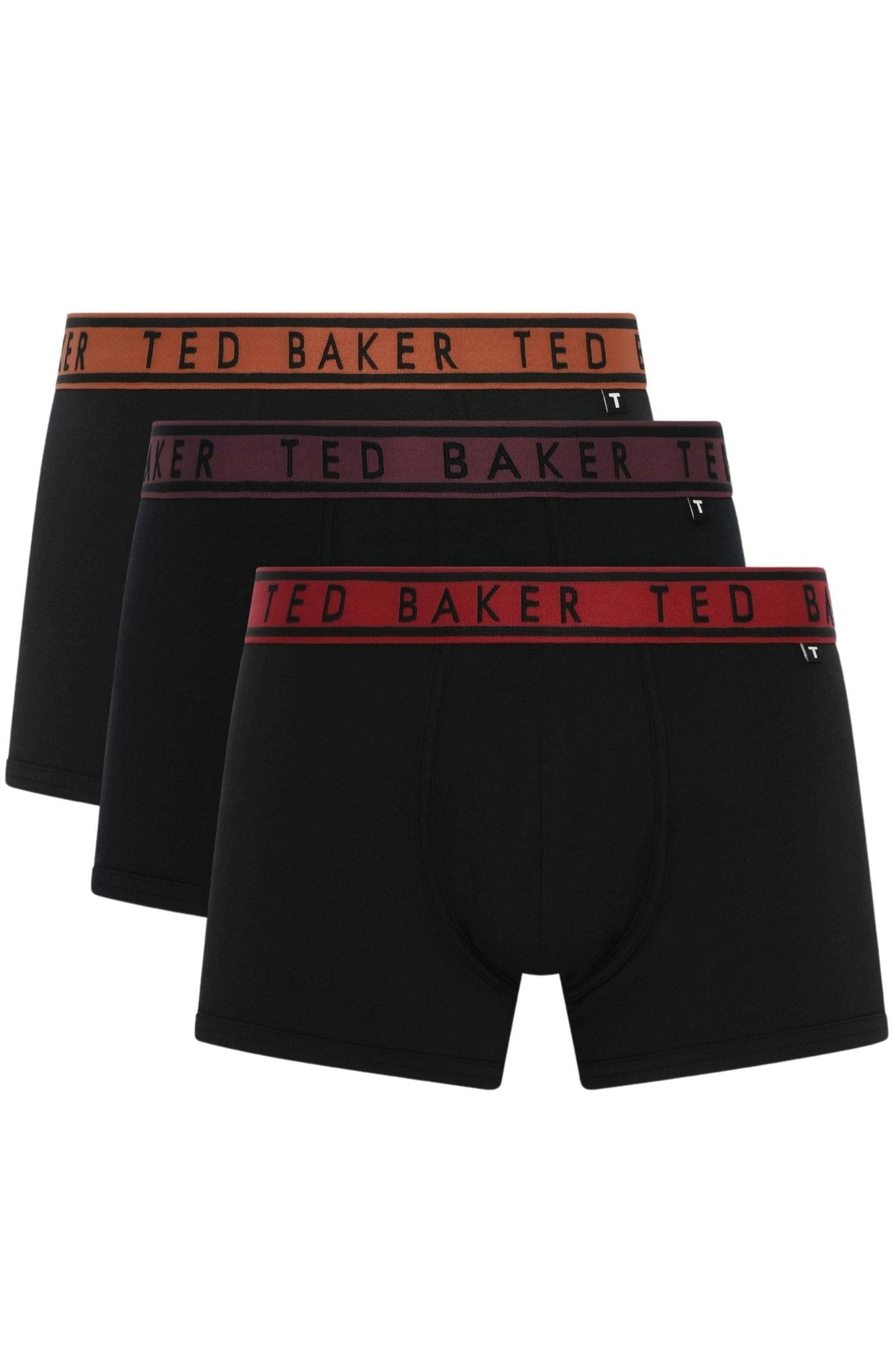 Ted Baker Black/Burgundy/Red 3-Pack Contrast Waistband Boxer Trunks, W/ /Red/Gingerbread - L