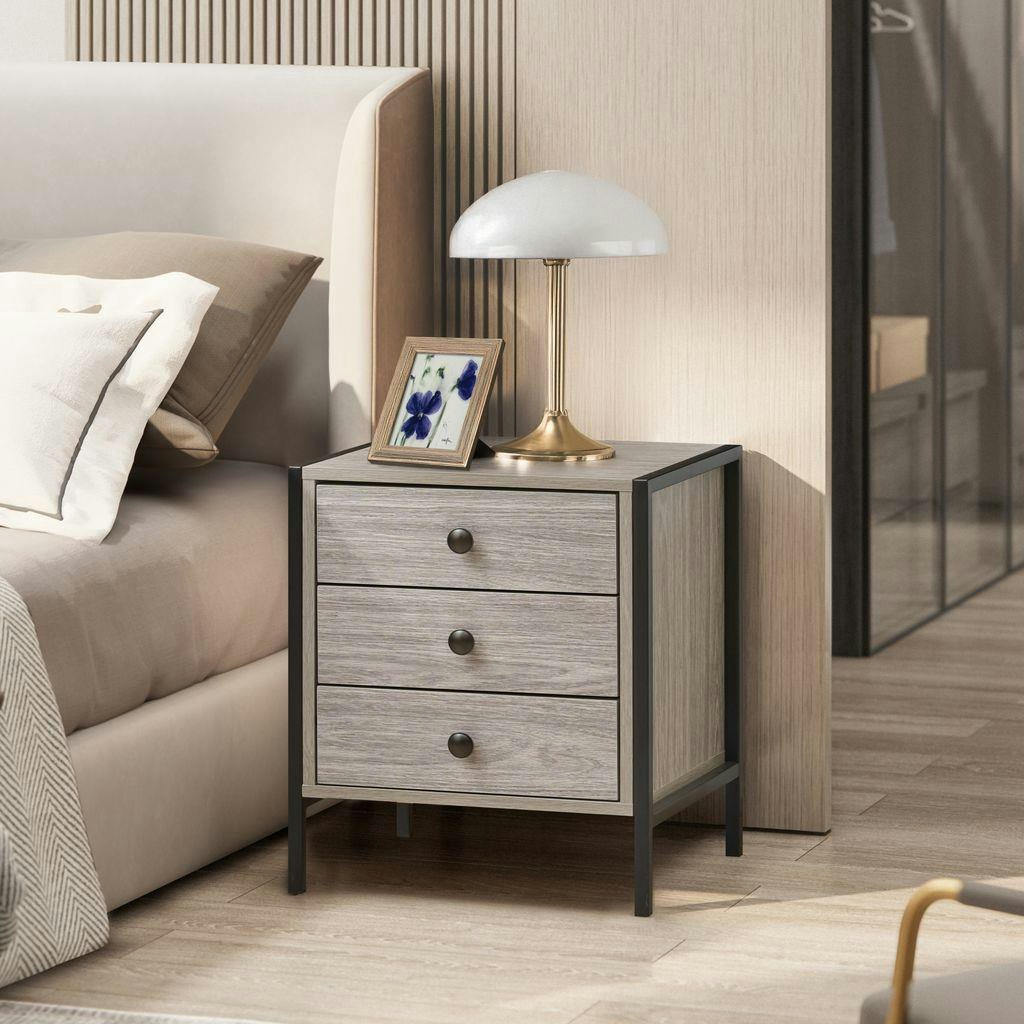 Swish Furniture Grey Alva 3 Drawer Bedside - Oak