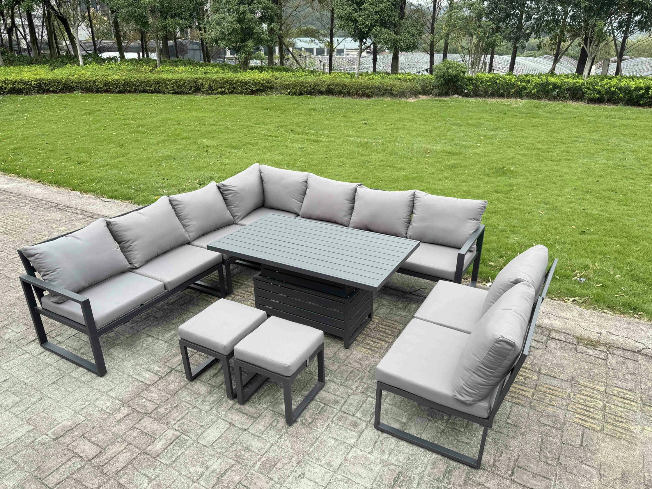Rackhams Grey 10 Seater Aluminium Garden Furniture Set With Adjustable Rising Dining Table, Corner Sofa & 2 Footstools