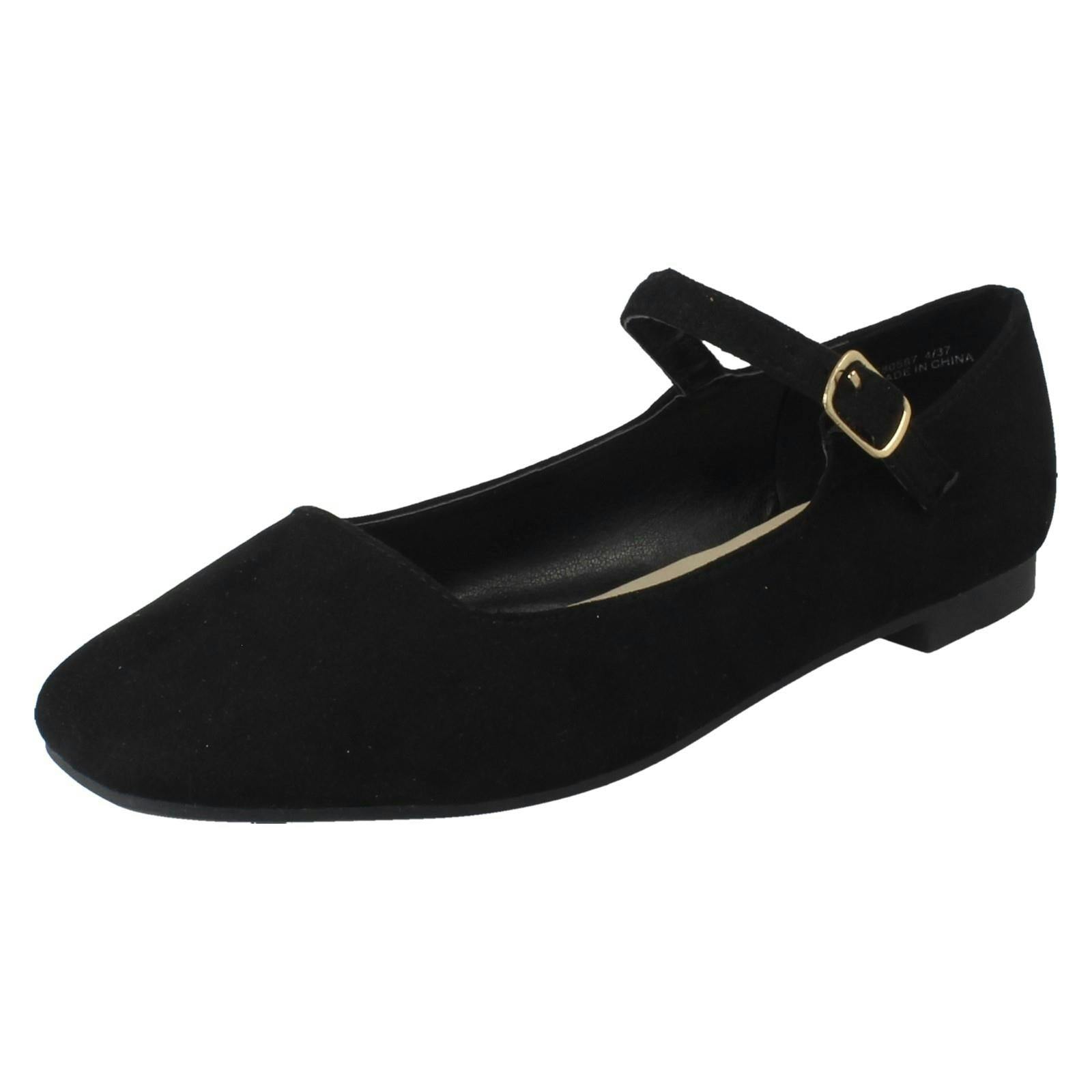 Savannah Women's Black Buckle Fastening Flat Mary Jane Smart Shoes F80587 - Microfibre - Uk 6