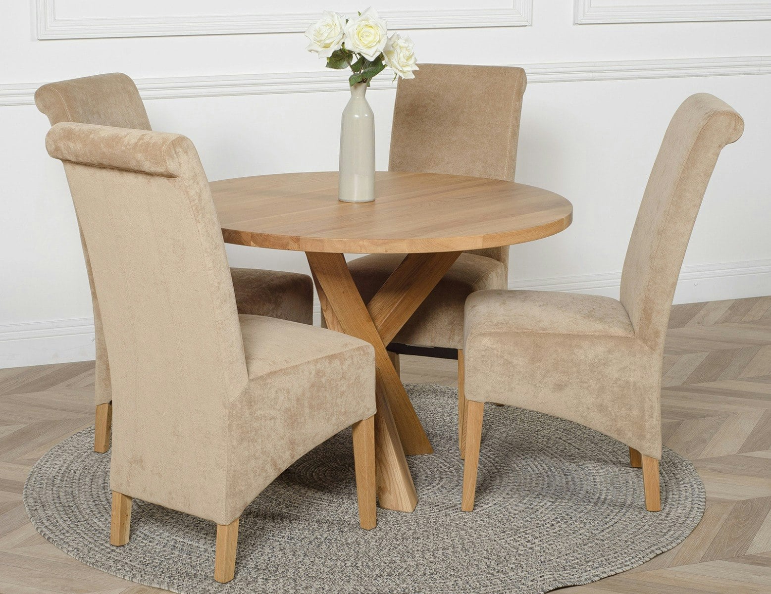 Rackhams Beige Oregon Round Oak Dining Table With Montana Fabric Chairs - 1 - 4 Chairs