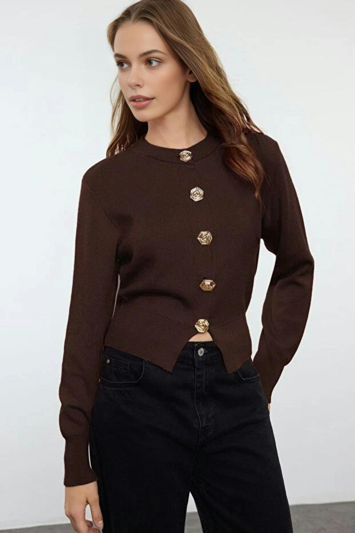 Wovcor Brown Premium Yarn Crop Knit Cardigan With Rose Button Detail - S
