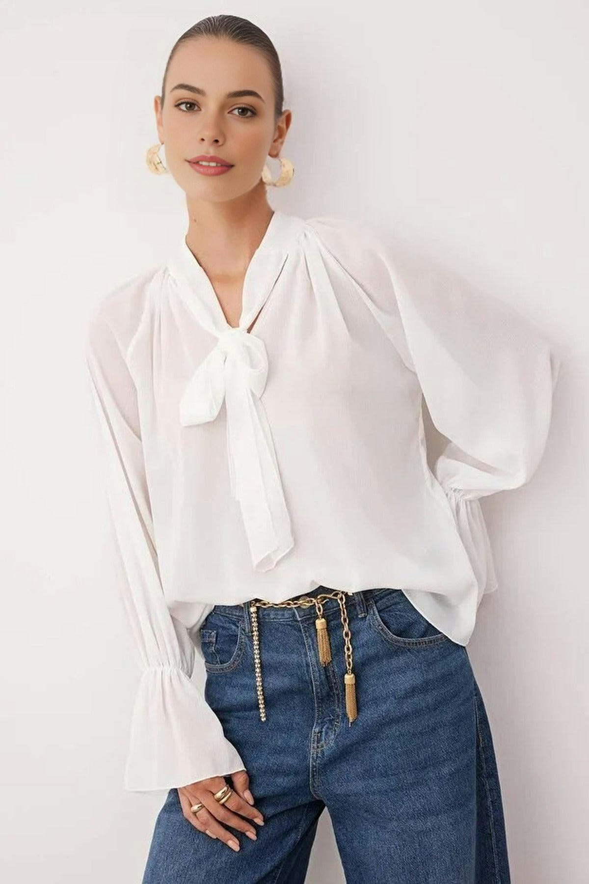 Wovcor White Unlined Woven Party Blouse With Neck Tie Detail - 14