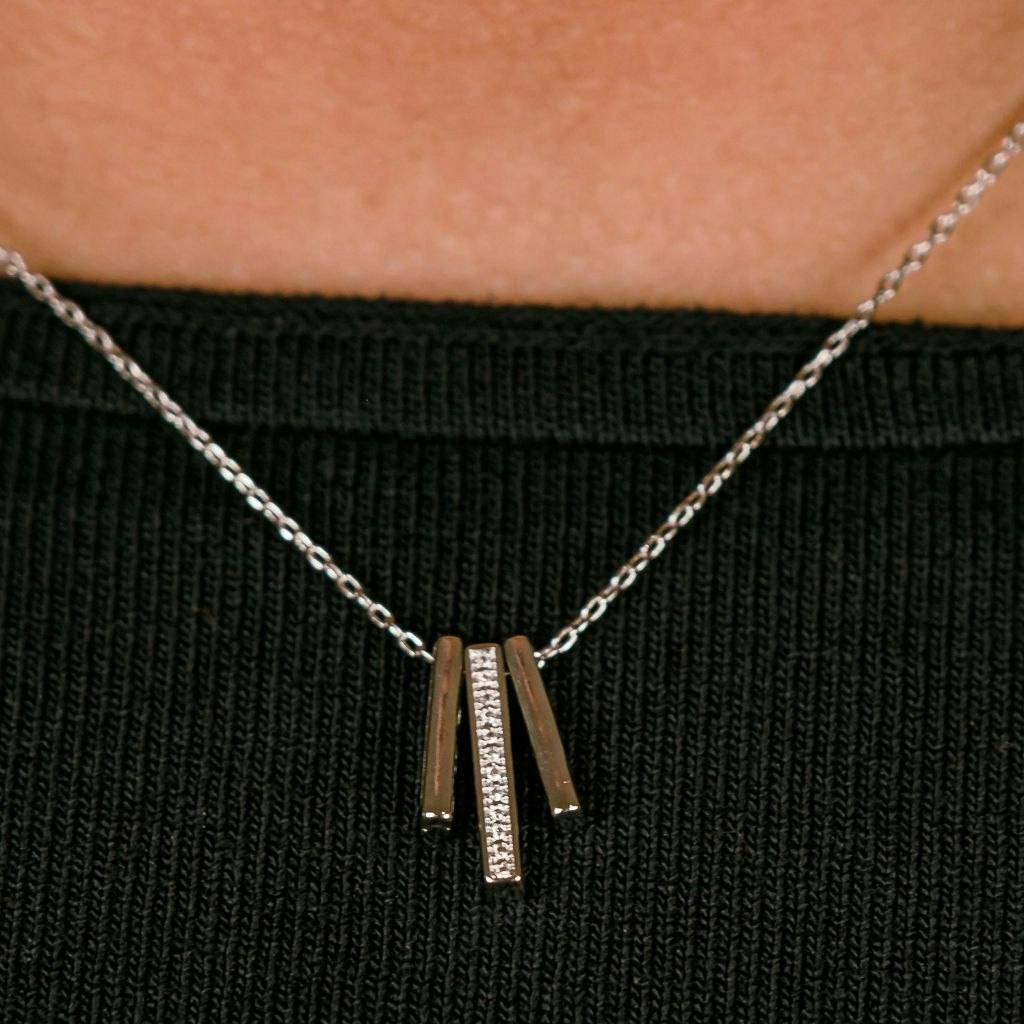 The Colourful Aura Women's Silver Sterling Geometric Three Bar Zircon Drop Minimalistic Pendant Necklace - Image 6