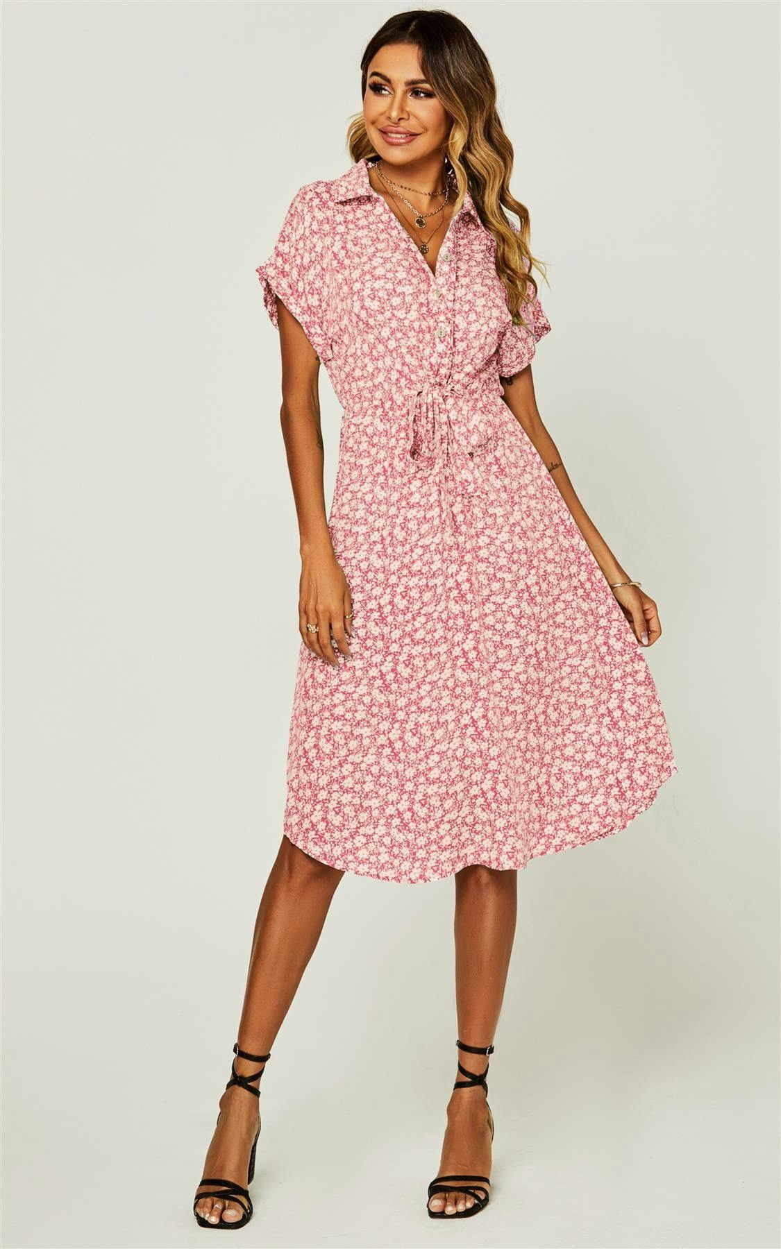 Fs Collection Pink Relaxed Floral Print Button Down Midi Shirt Dress In - Xs
