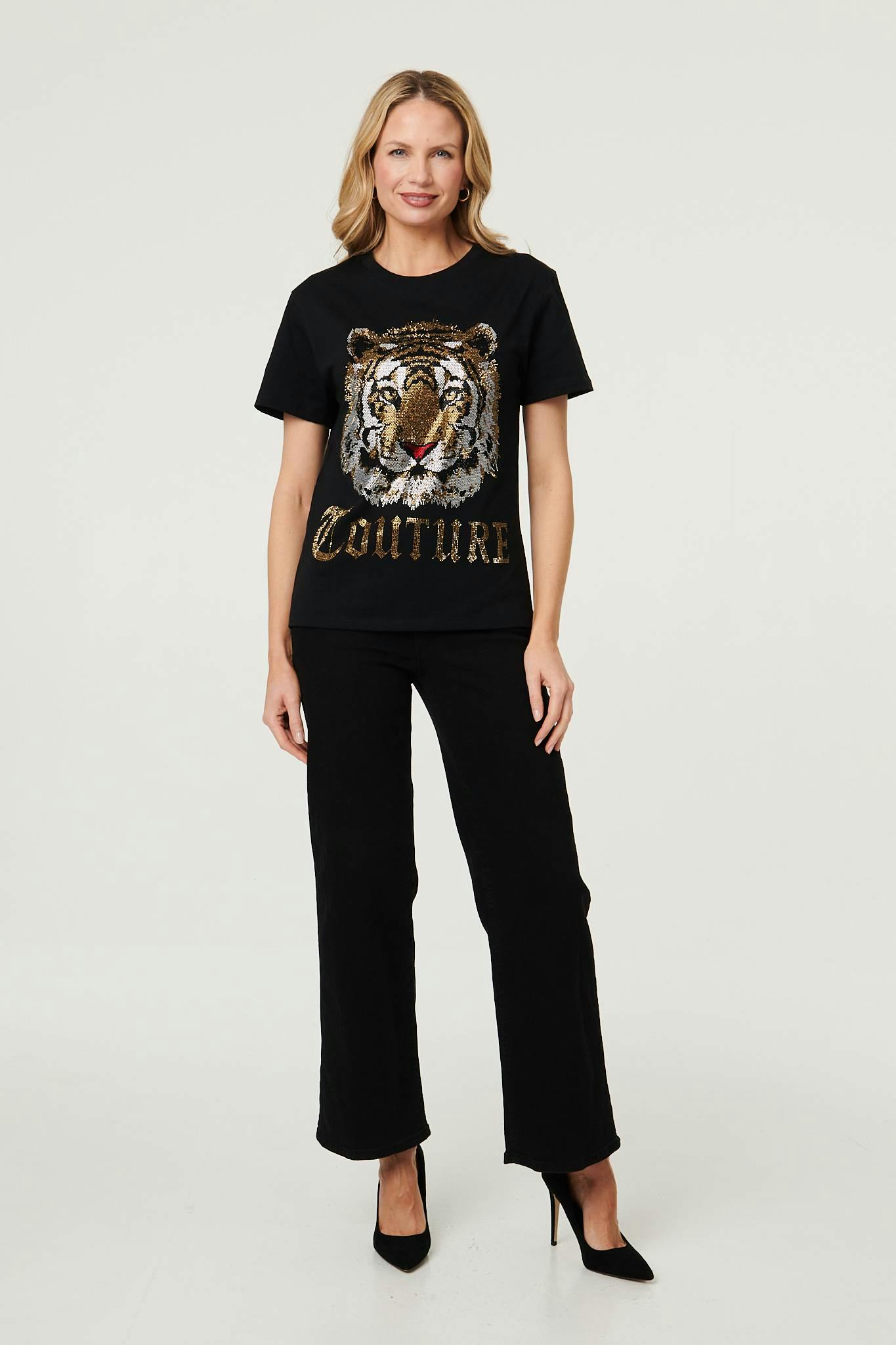 Izabel London Black Diamante Graphic Print Relaxed T-Shirt - 8
