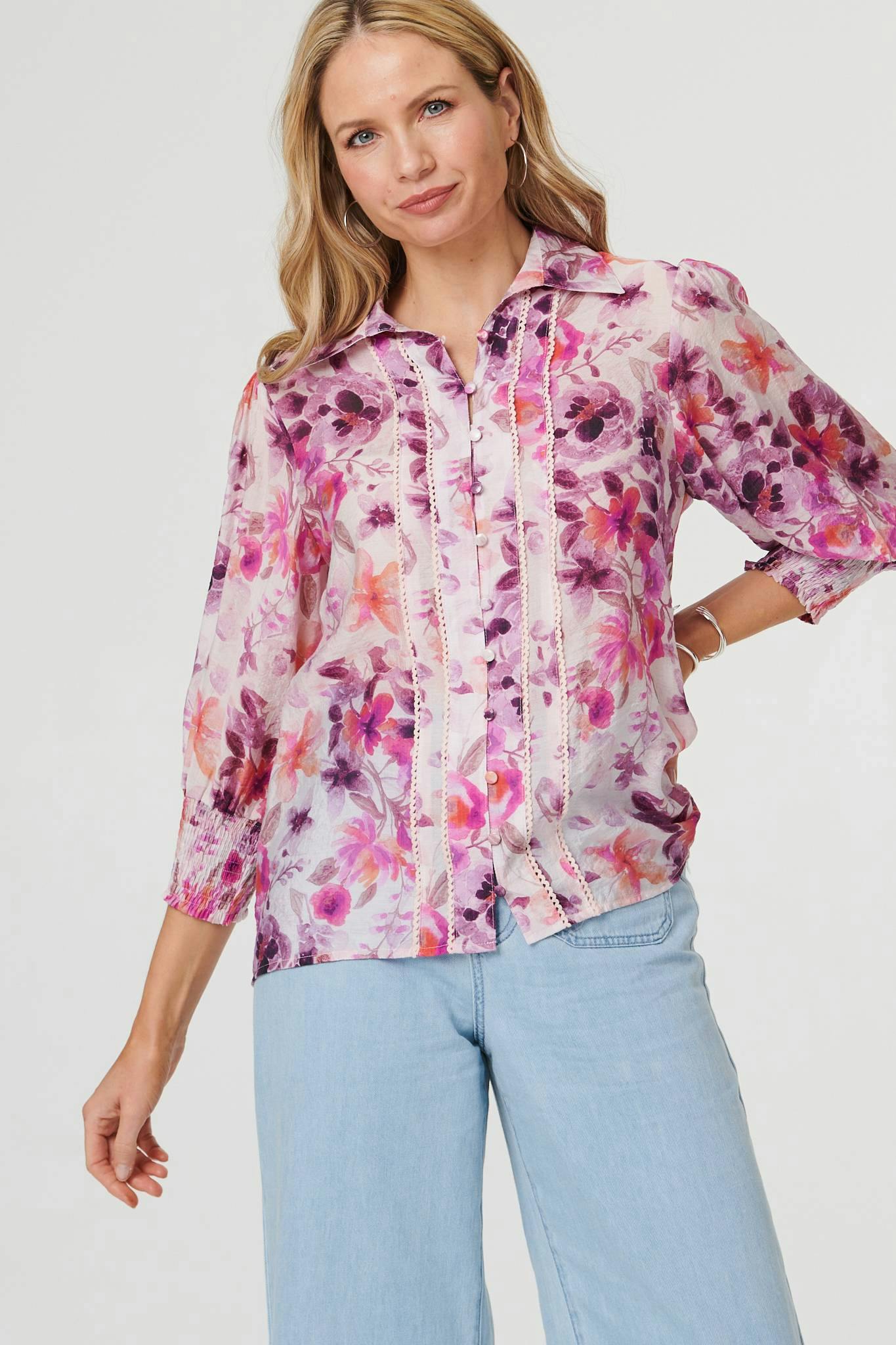 Izabel London Purple Floral 3/4 Puff Sleeve Relaxed Shirt - 12