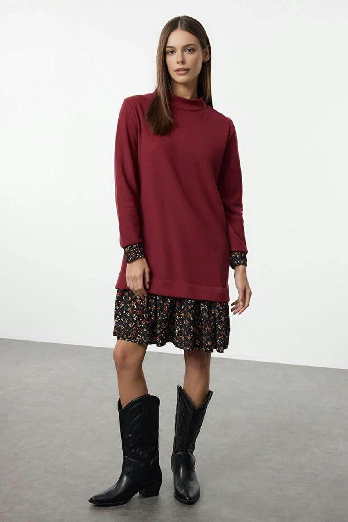 Wovcor Burgundy Mini Selanik Stand Collar Knit Dress - L
