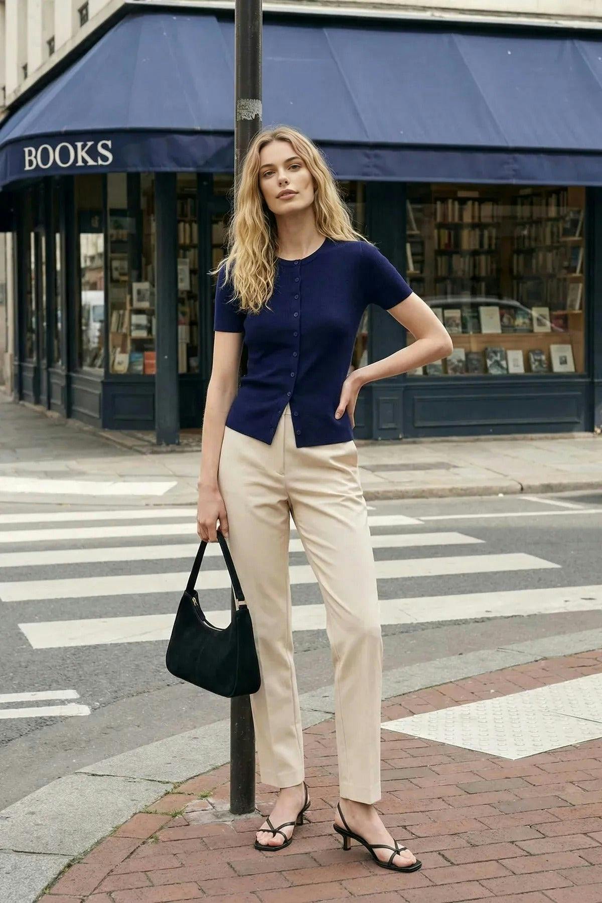 Wovcor Crew Neck Thin Knit Blouse - Navy - S