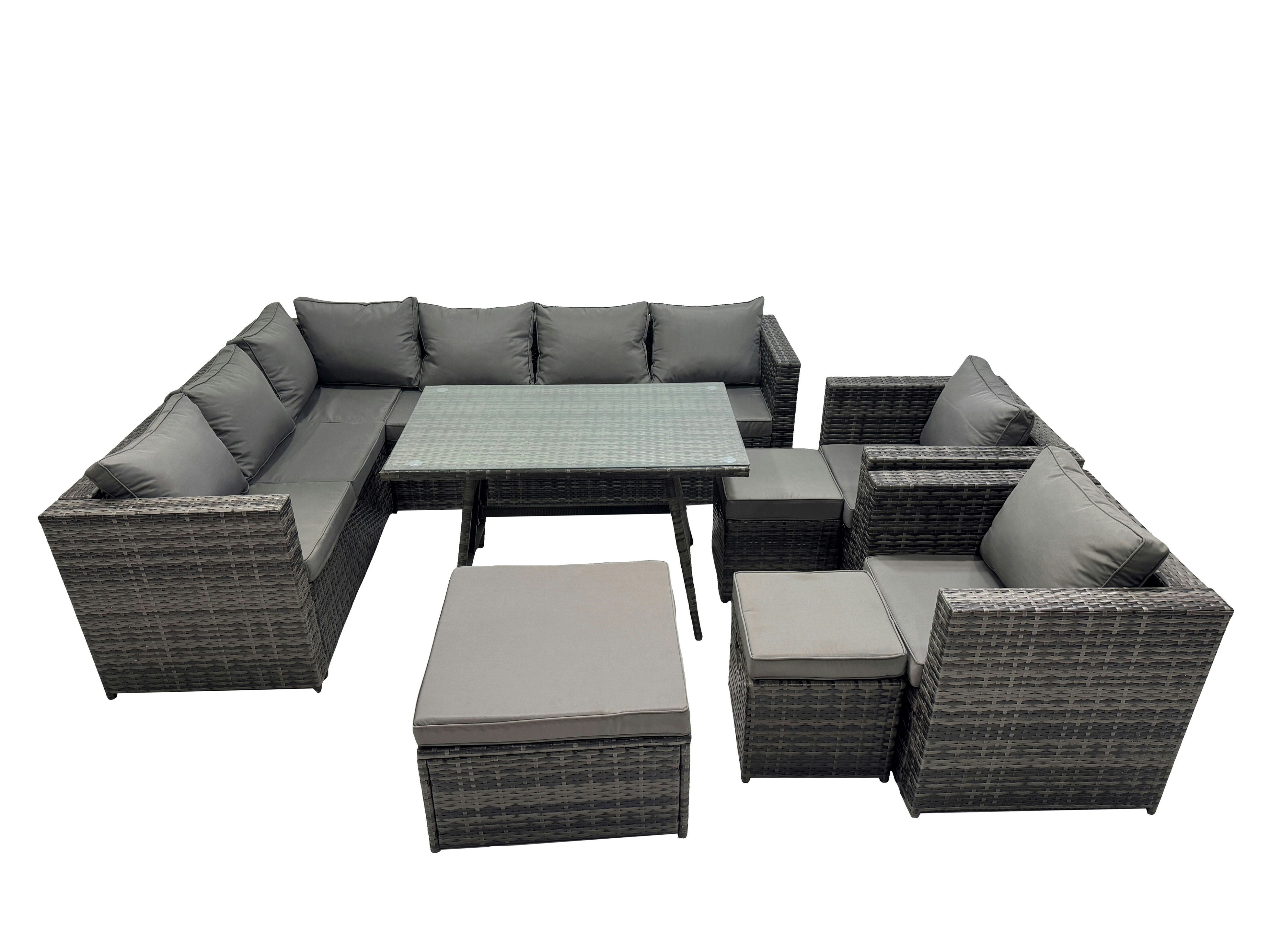 Rackhams Dark/Grey 11 Seater Outdoor Pe Rattan Sofa Set With Dining Table Patio Garden Furniture Sets With 2 Chair 3 Stools Mixed