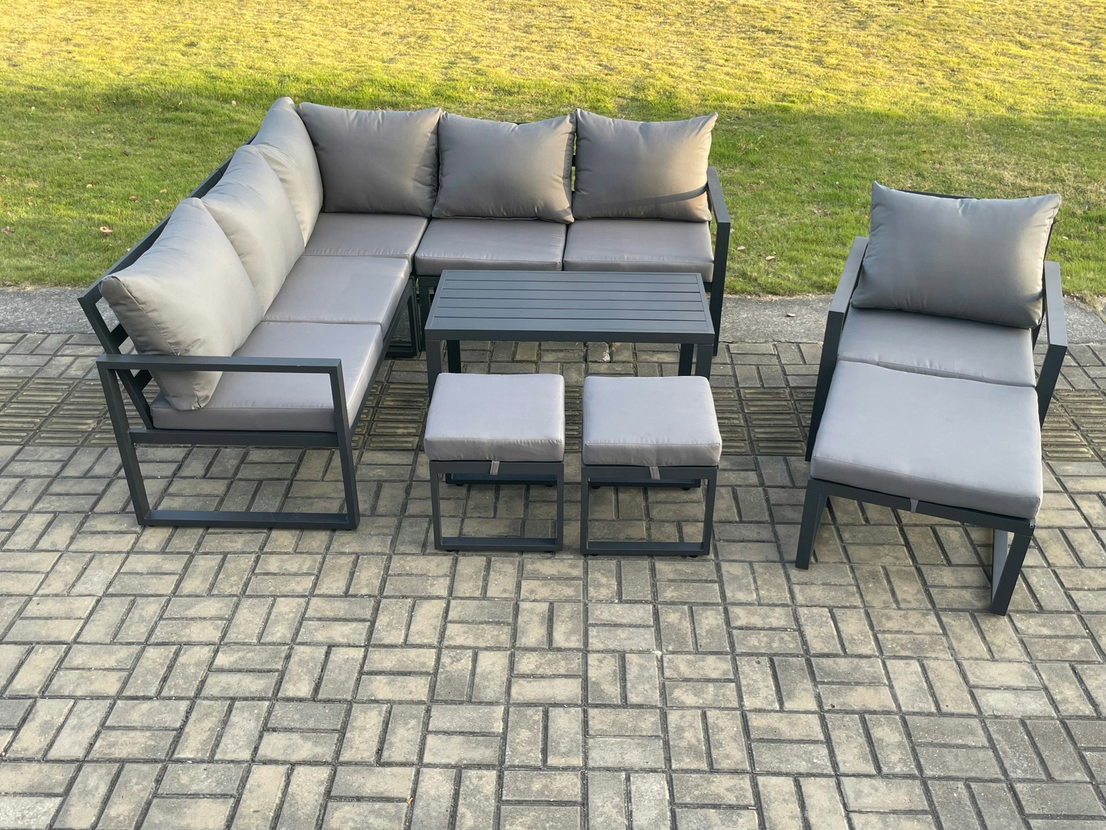 Rackhams Dark/Grey Aluminium Outdoor Garden Furniture Set Lounge Sofa Oblong Coffee Table Sets With Chair 3 Footstools Indoor Conservatory Set