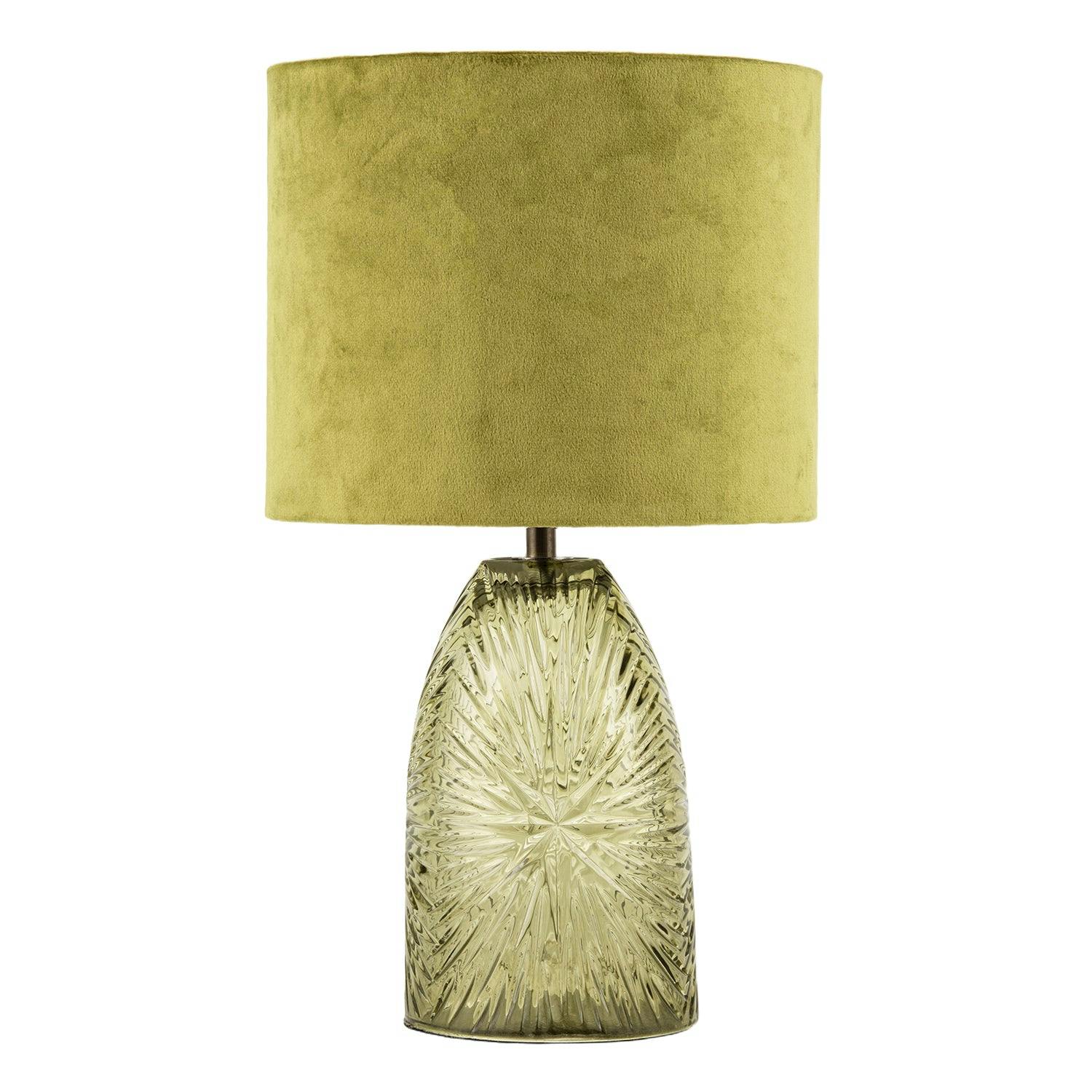 Rackhams Green Modern Table Lamp With Faceted Glass Base And Olive Velvet Shade