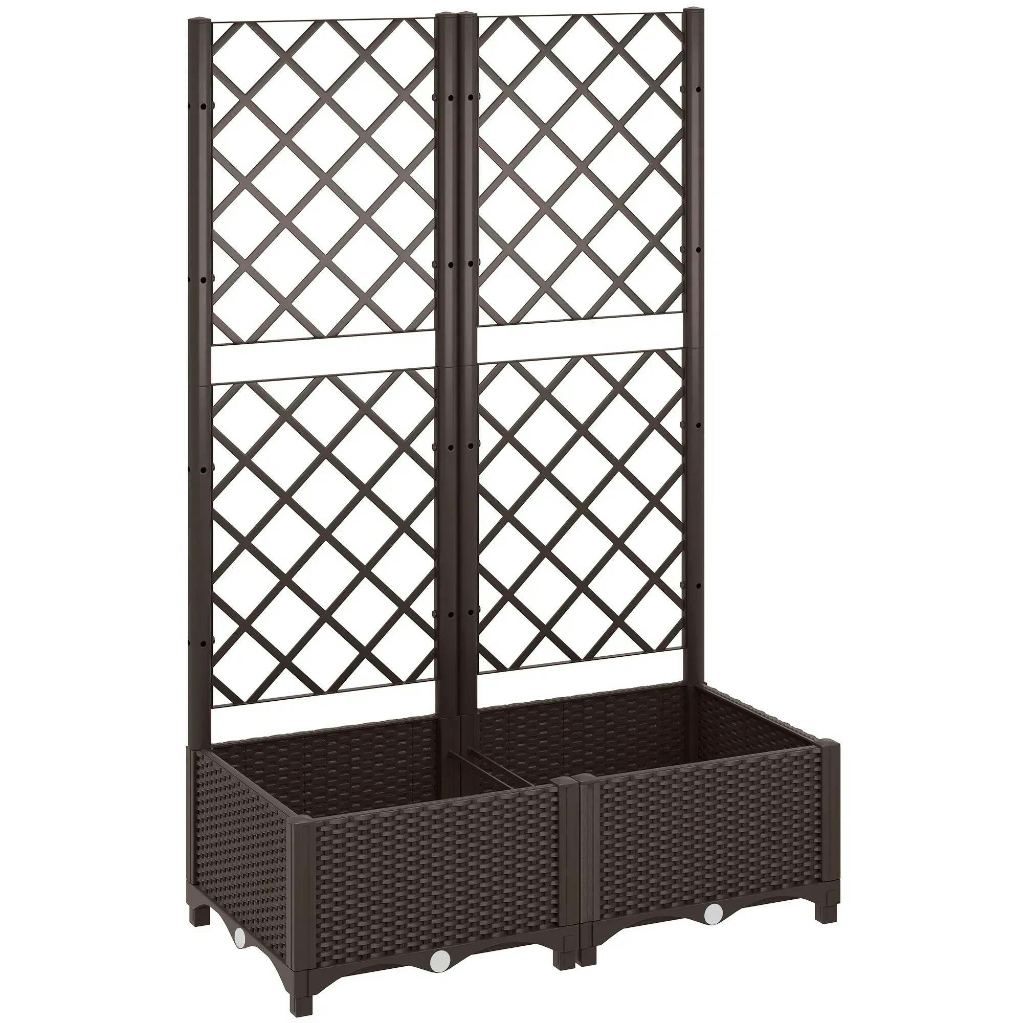 Outsunny Raised Garden Bed with Trellis, Plastic Planter Box, Brown | Drainage Holes, Drain Plugs, Water Reservoirs, for Climbing Plants, Vegetables, Flowers - Image 6