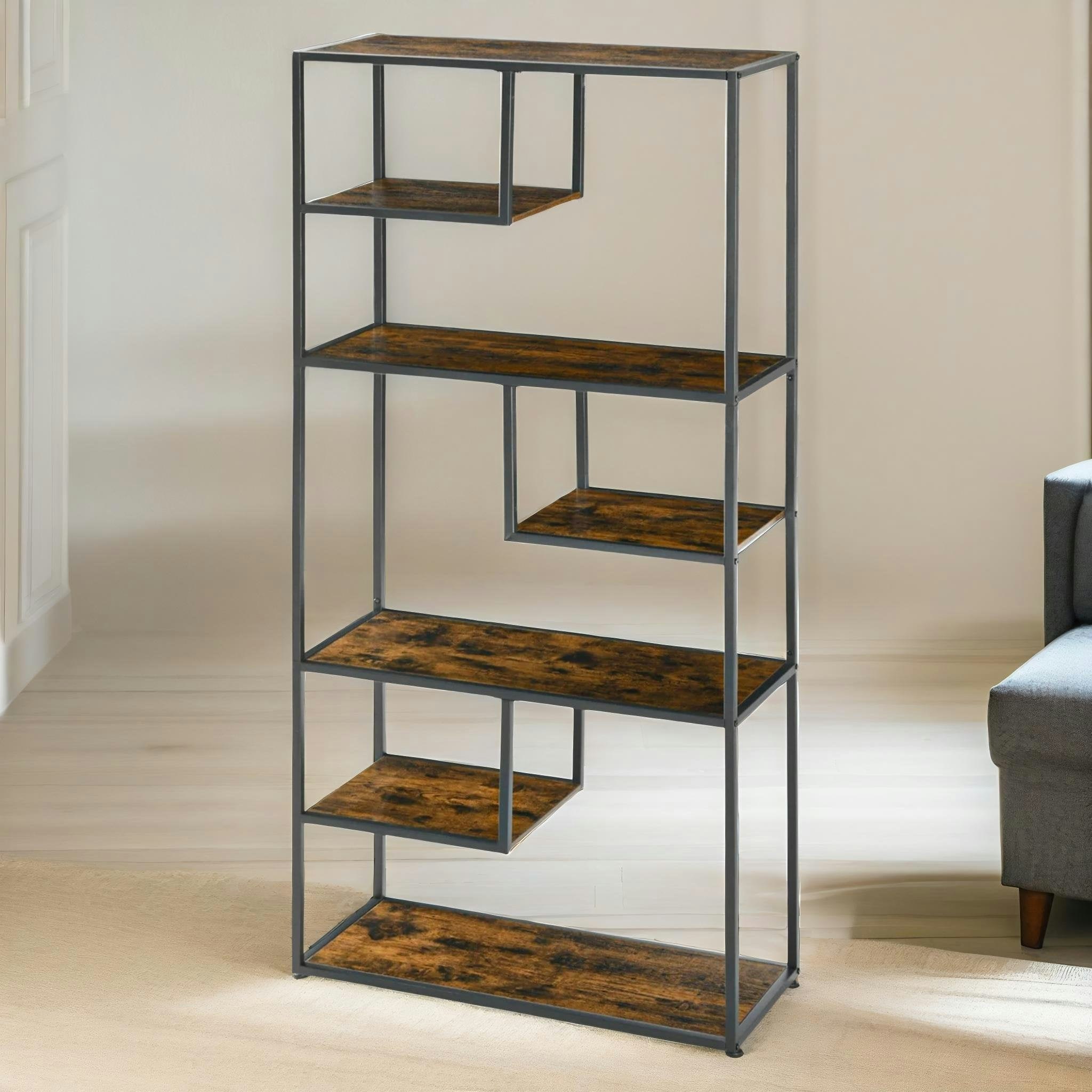 Rackhams Brown 180Cm Industrial 7 Tier Bookcase Rustic