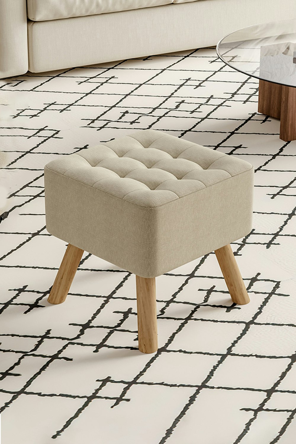 Rackhams Beige Linen Padded Wooden Leg Square Footstool