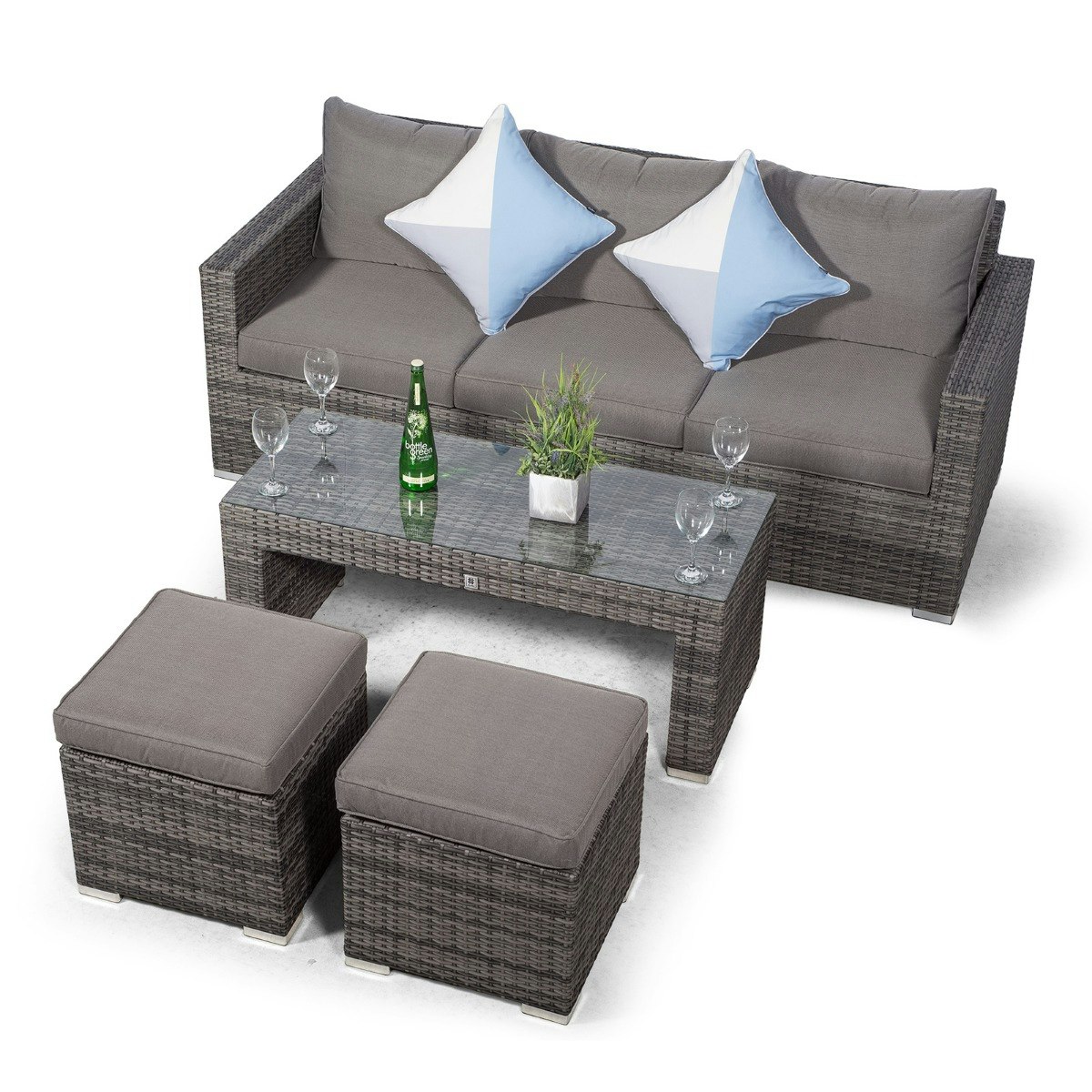 Giardino Grey Sydney Rattan 3 Seater Sofa Set With Coffee Table And 2 Stools - 1