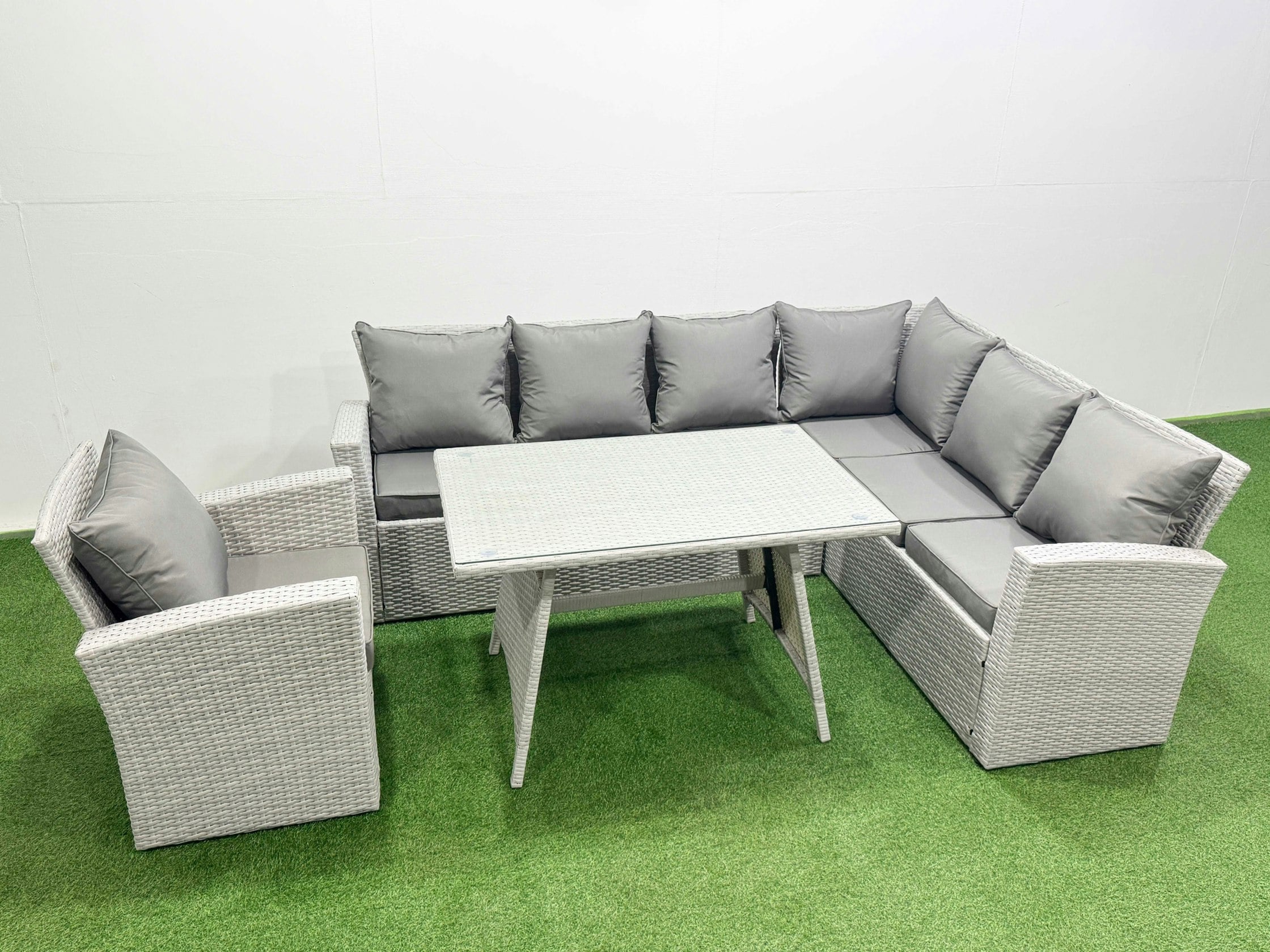 Rackhams Light/Grey 7 Seater Garden Outdoor Rattan Furniture Set Rattan Corner Sofa Oblong Dining Table With Armchair Mixed