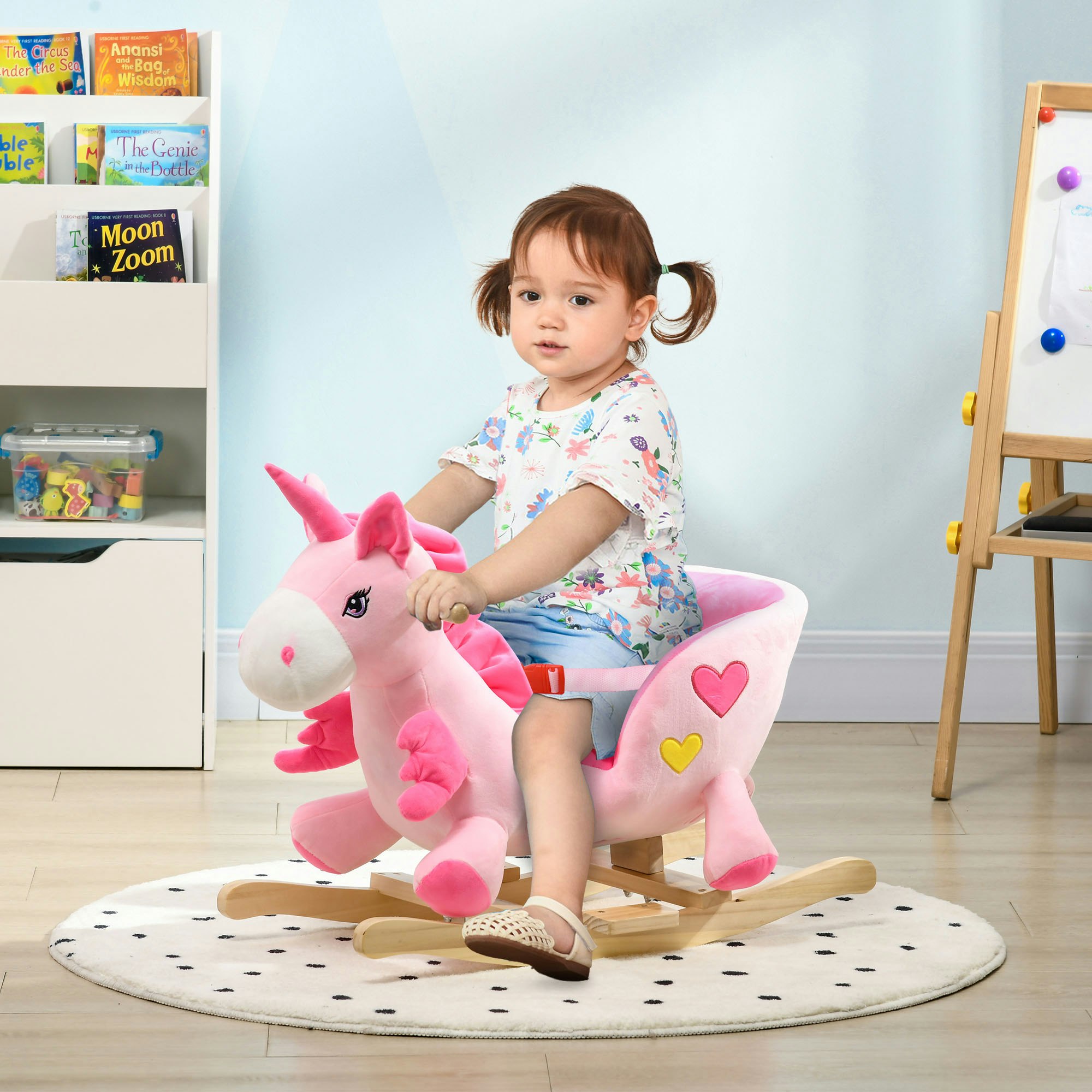 Homcom Pink Rocking Horse, Plush Ride On Unicorn With Songs, Seatbelt, - 65L X 35W X 45Hcm - Kids Rocking Horse