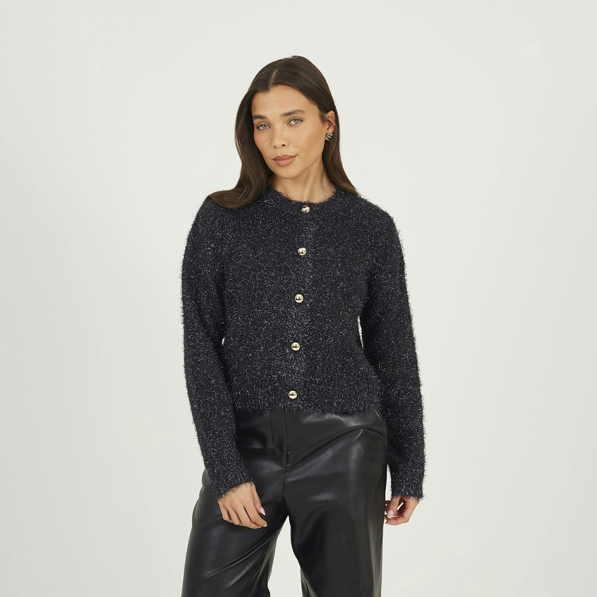 Brave Soul Gold Fluffy Tinsel Knit Cardigan - Navy - Navy - S