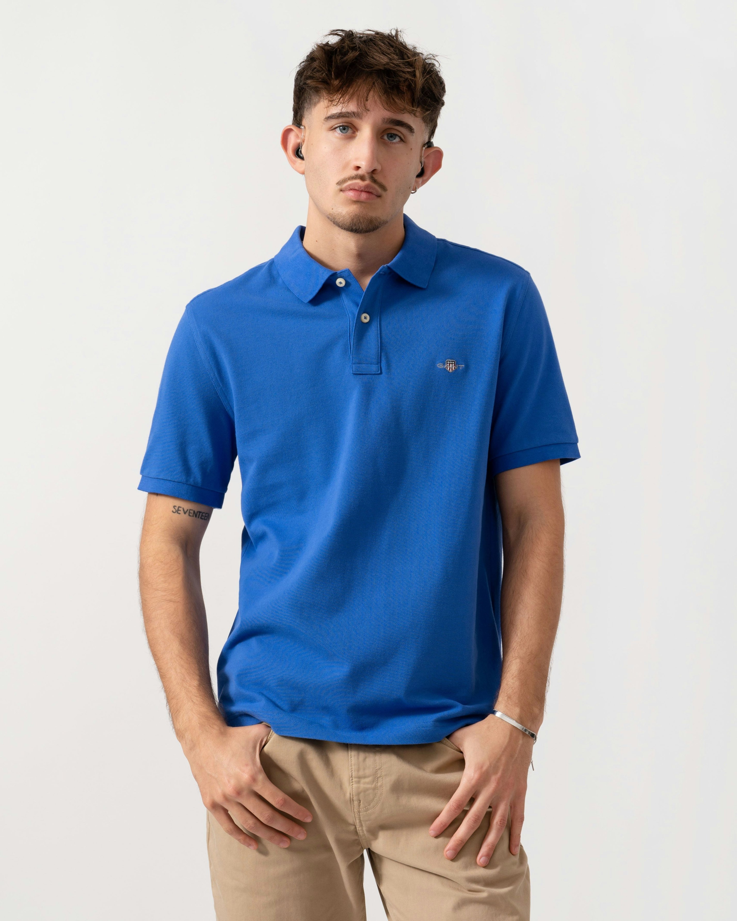 Gant Men's Blue Regular Fit Short Sleeve Shield Logo Pique Polo - 417 Royal - 417 Royal - L