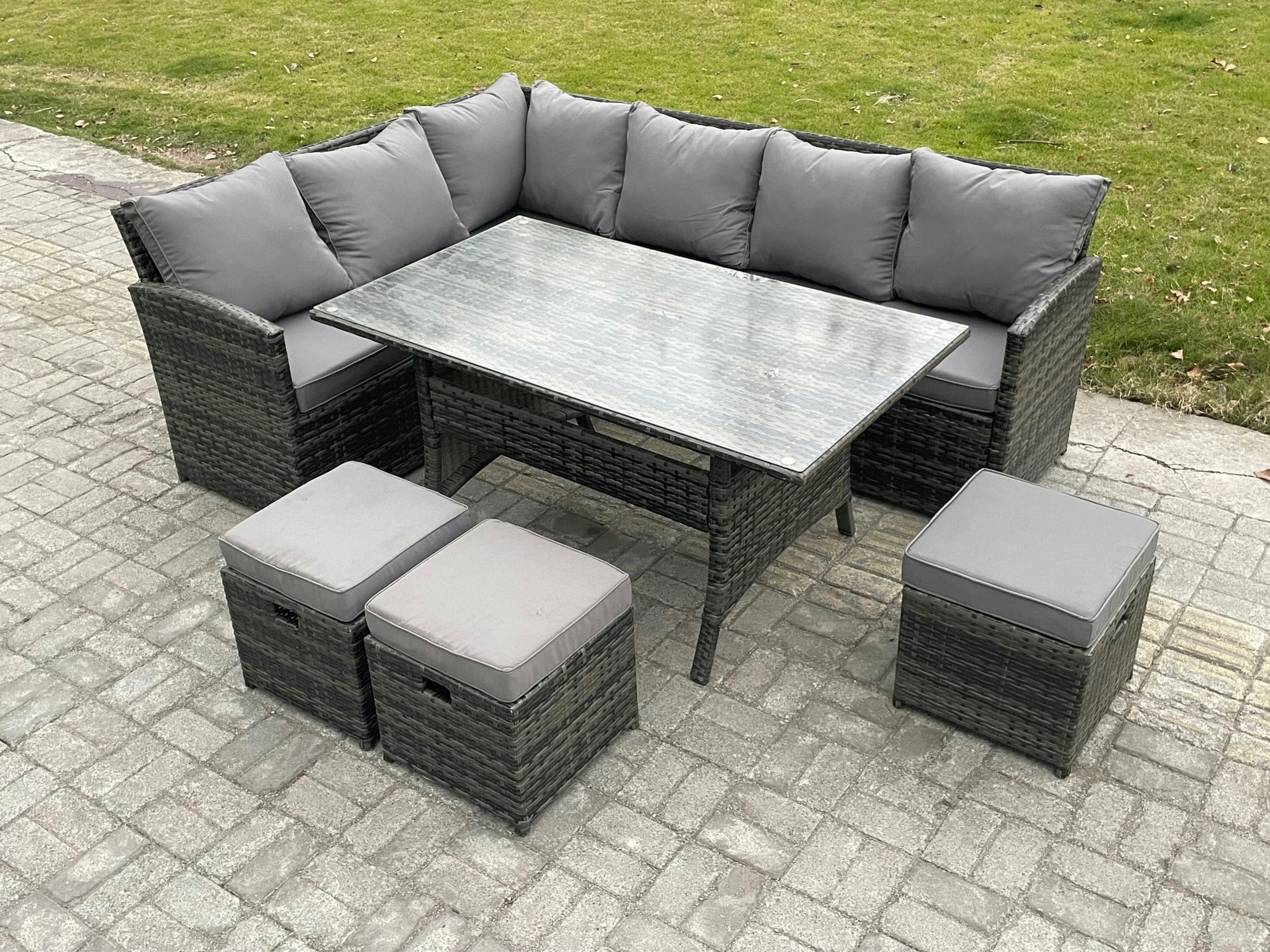 Fimous Dark/Grey Outdoor Rattan Garden Furniture Corner Sofa Set With Rectangular Dining Table 3 Small Footstools Patio Wicker Rattan Set Mixed
