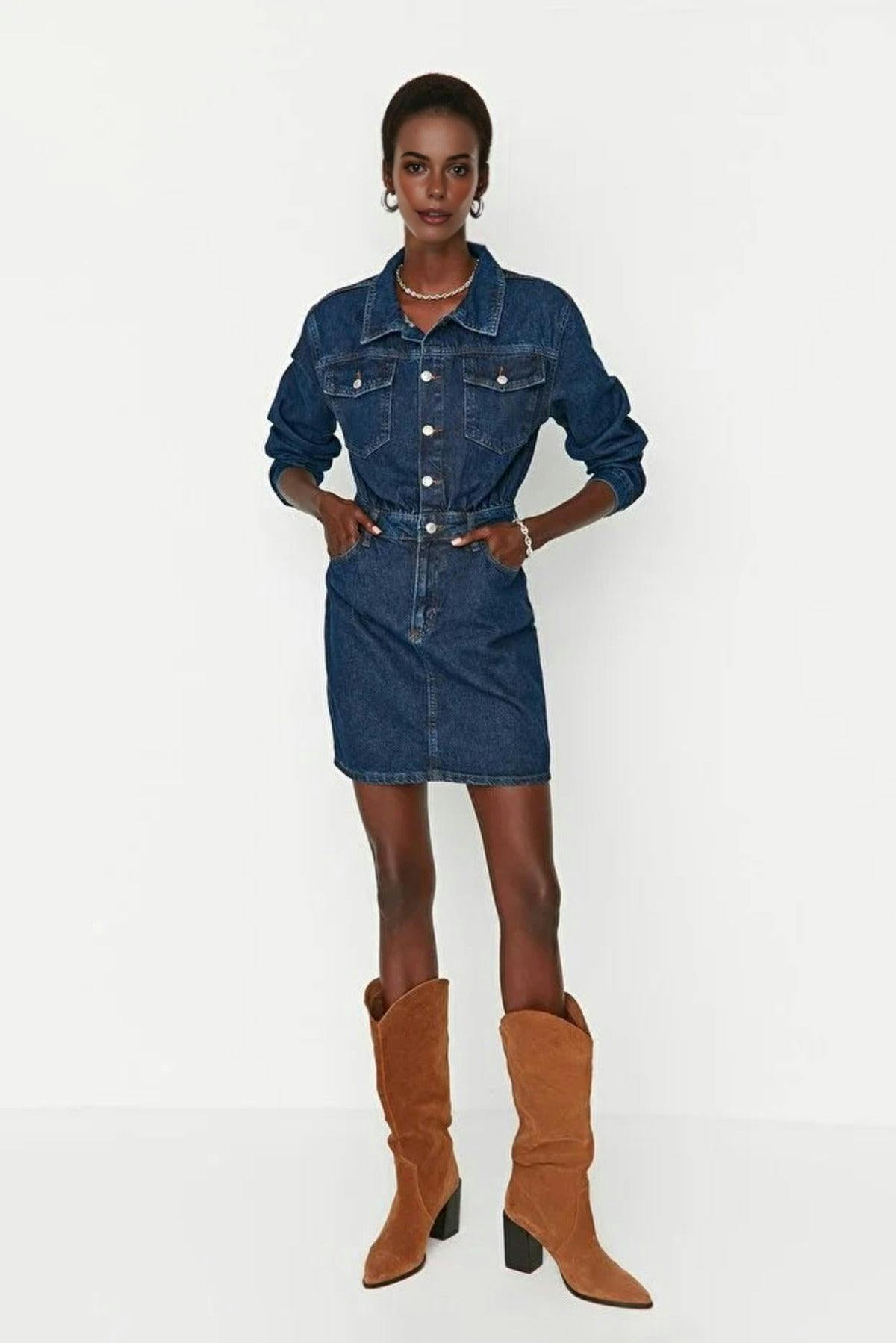 Wovcor Blue Mini Denim Shirt Dress With Pocket Detail - 10