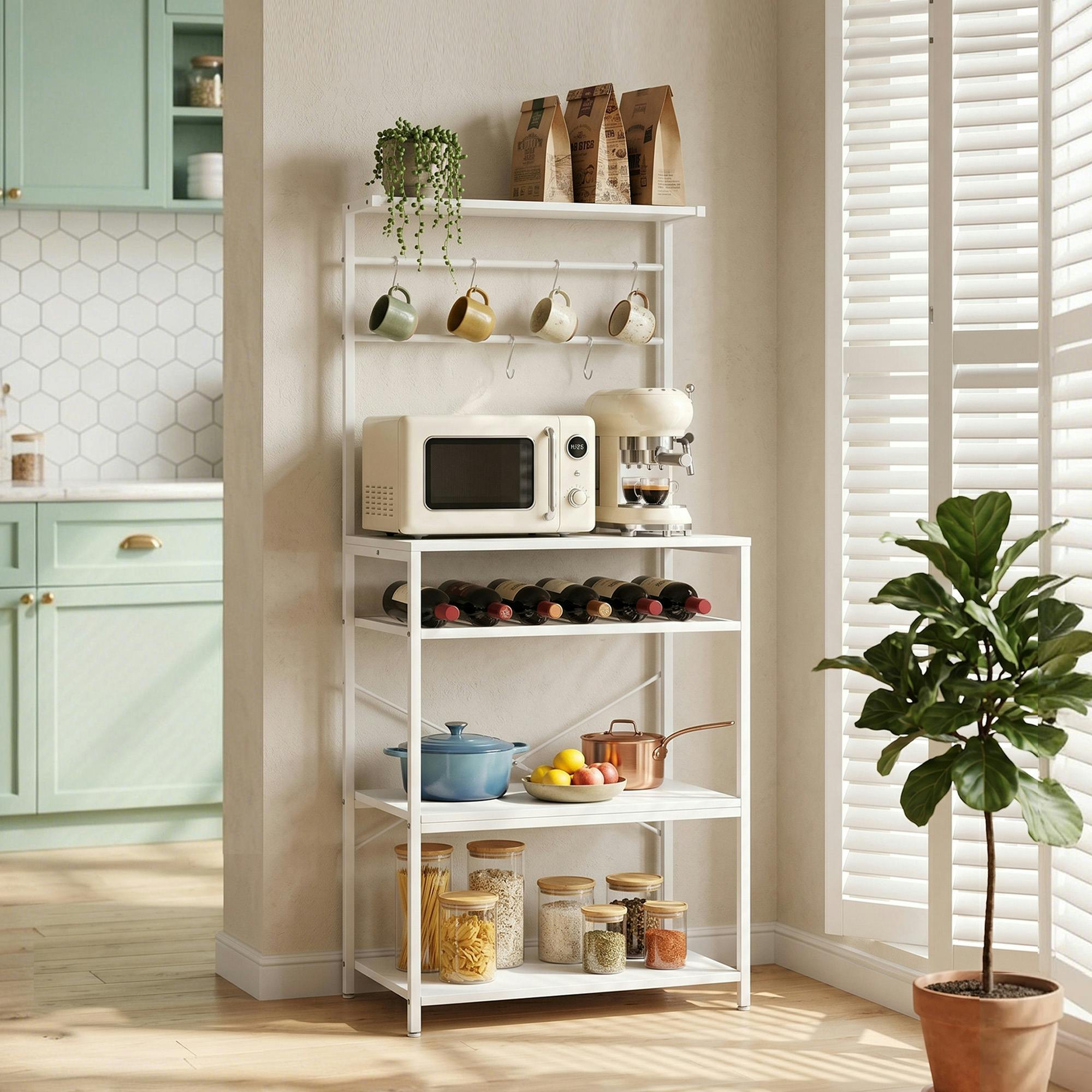 Rackhams White Freestanding Shelving Unit With 6 Hooks And Wine Rack,