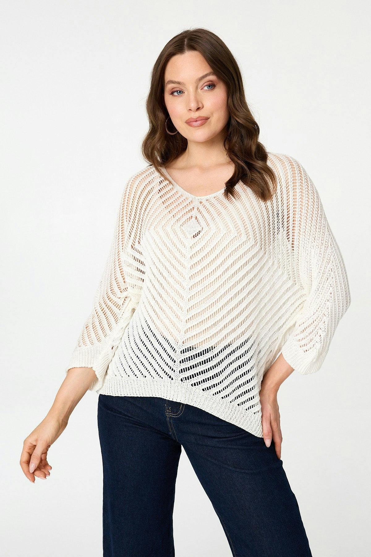 Izabel London White Sparkly Sheer Mesh 3/4 Sleeve Top - L/Xl