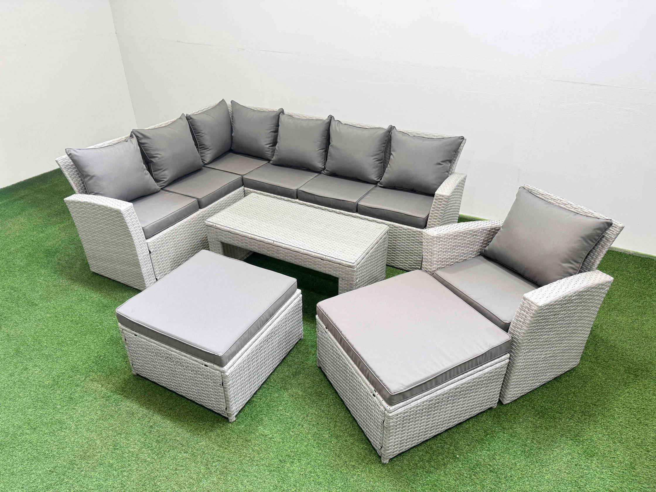 Fimous Light/Grey Rattan Garden Furniture Set Outdoor 9 Seater Corner Sofa Sets With Oblong Coffee Table Chair 2 Big Footstools Mixed