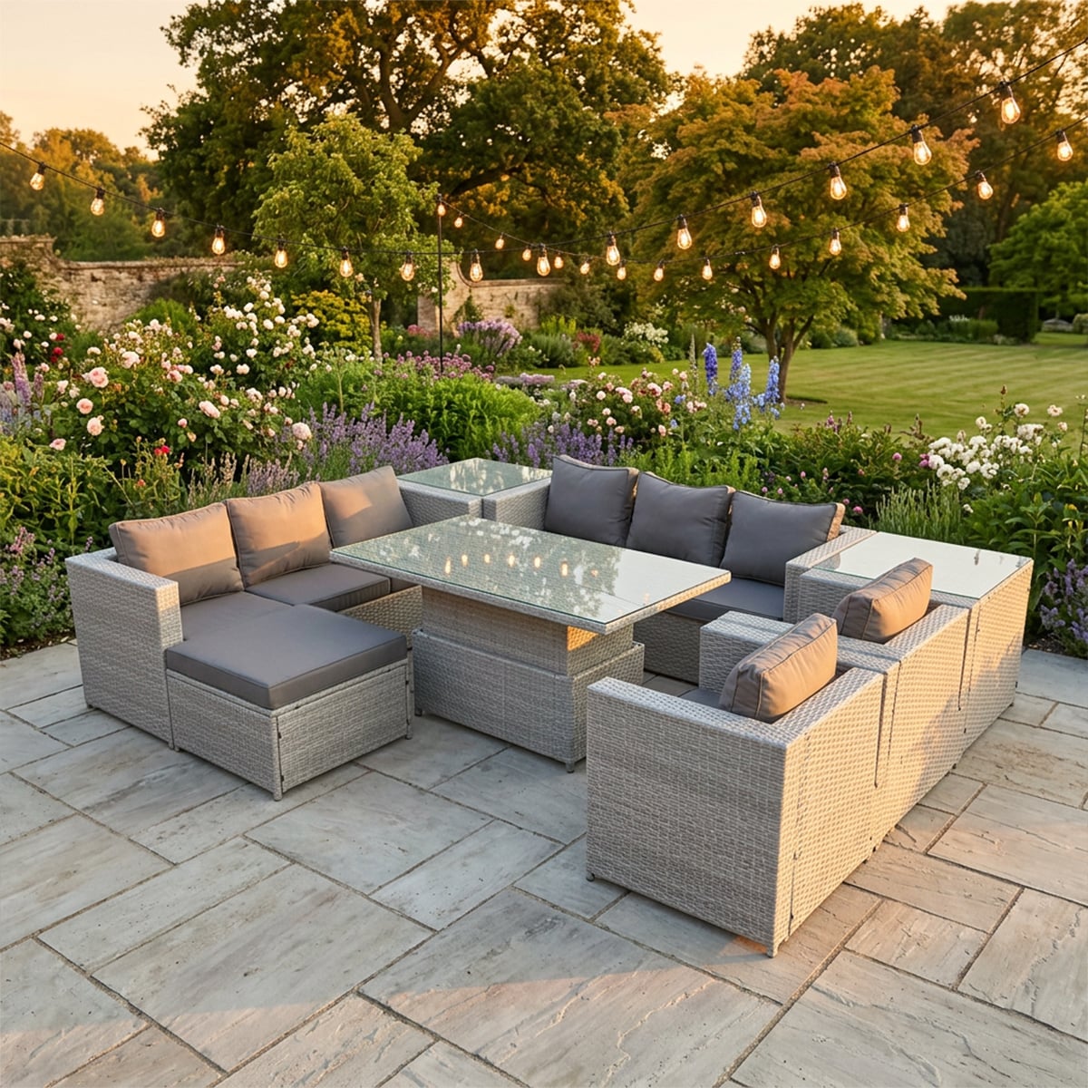 Rackhams Light/Grey 9 Seater Rattan Garden Furniture Set With Height Adjustable Rising Table, 2 Sofas, 2 Chairs, 2 Side Tables & Footstool