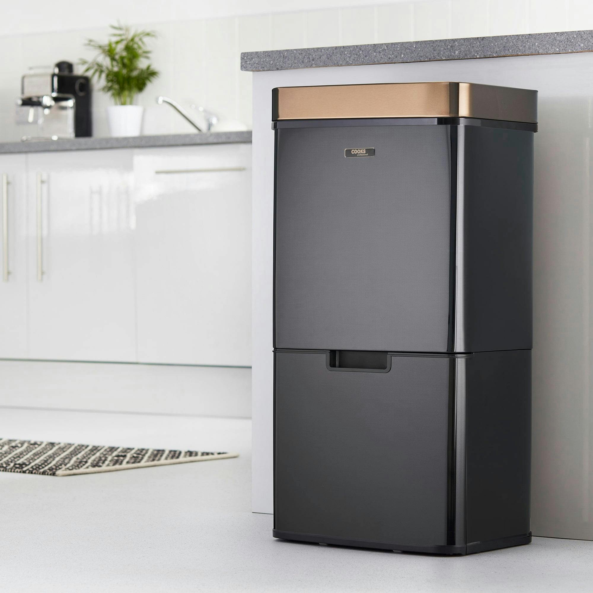 Cooks Professional Black 75L Sensor Recycling Bin With Food Caddy | / Copper - Bin + Pack Of 25 Biodegradable Bin Bags