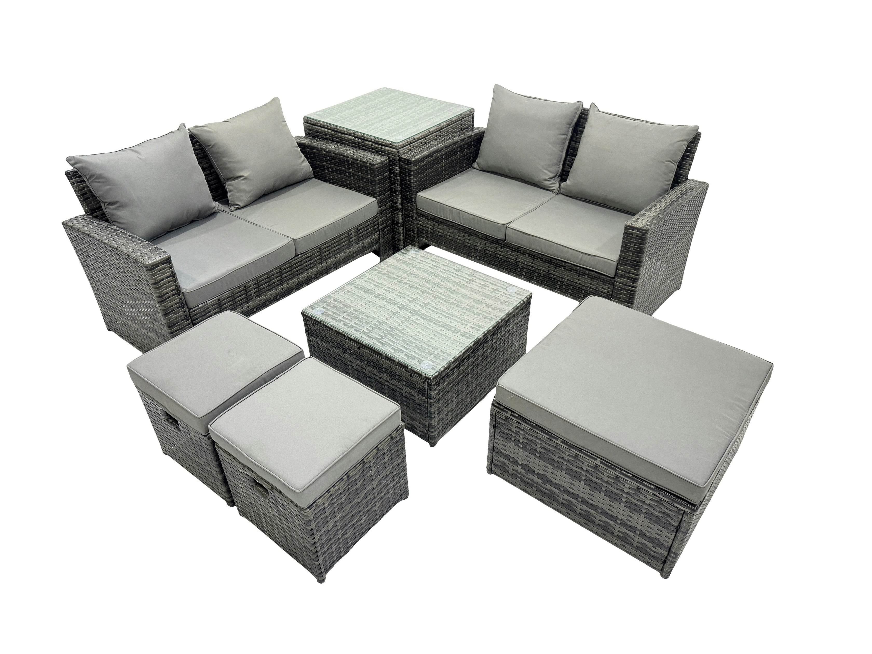 Rackhams Dark/Grey Pe Rattan Garden Furniture Set Lounge Double Seat Sofa Coffee Table Set With Side Table 3 Stools Mixed