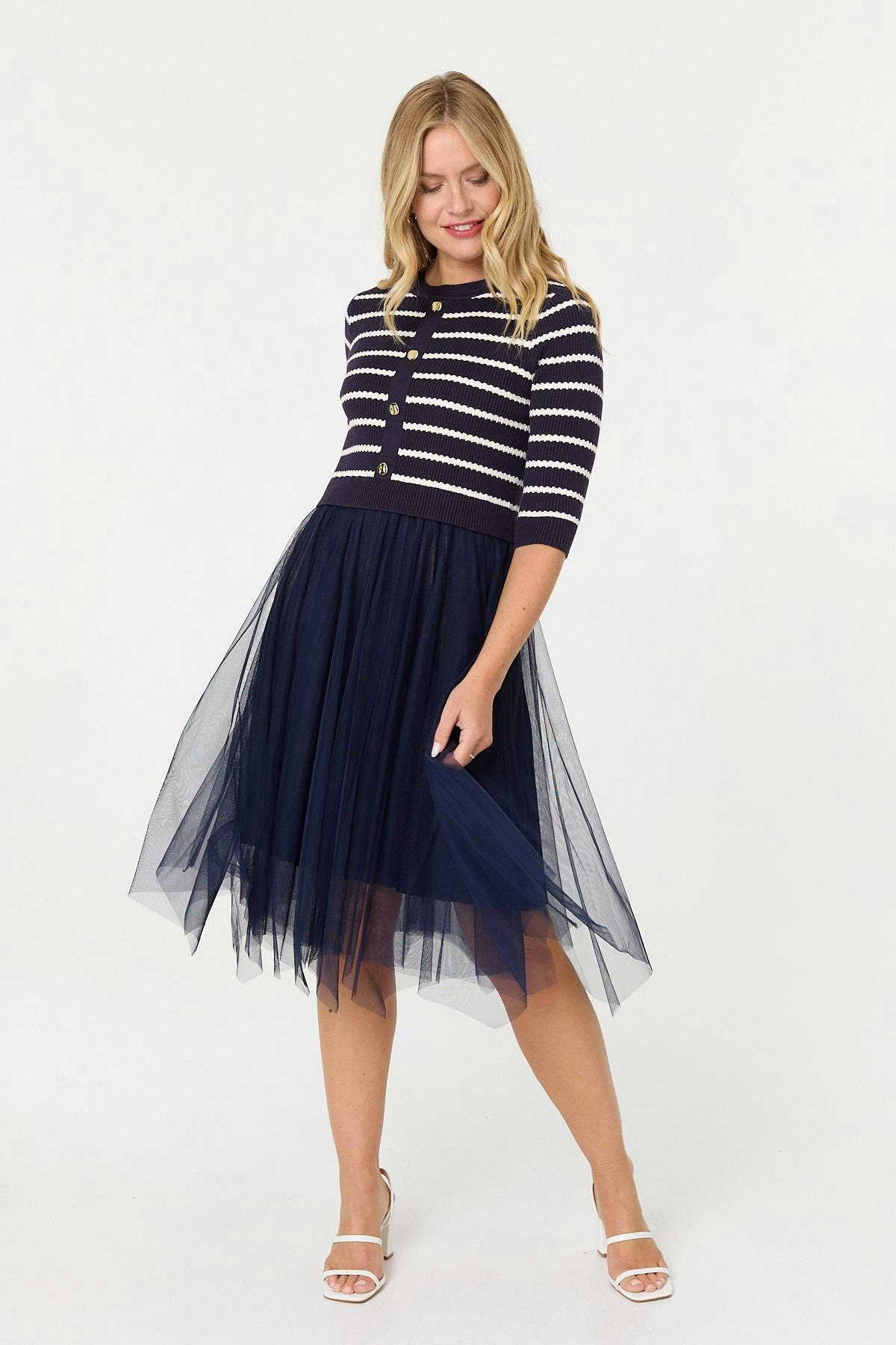 Izabel London Striped Knit Mesh Hanky Hem Midi Dress - 12 - Navy