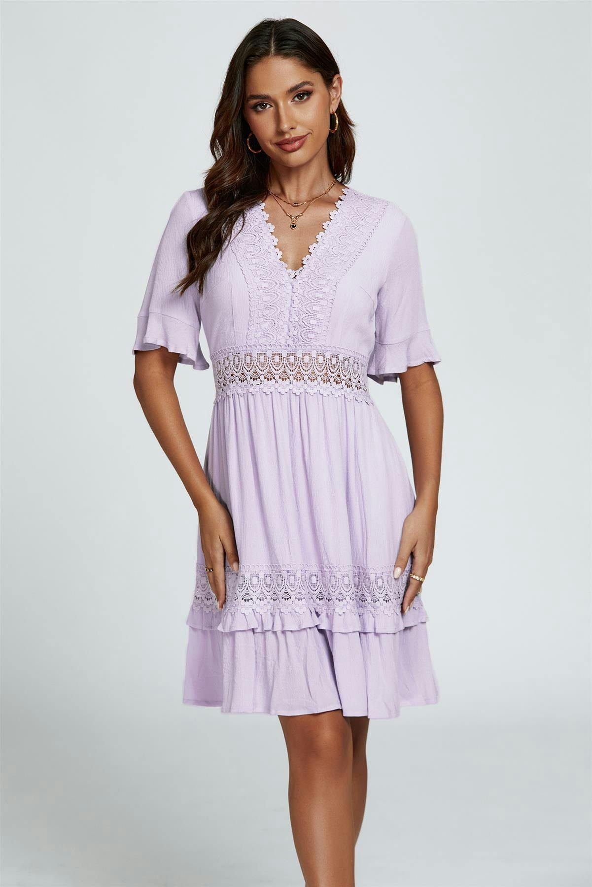 Fs Collection Women's Purple V Neck Lace Mini Dress In - S