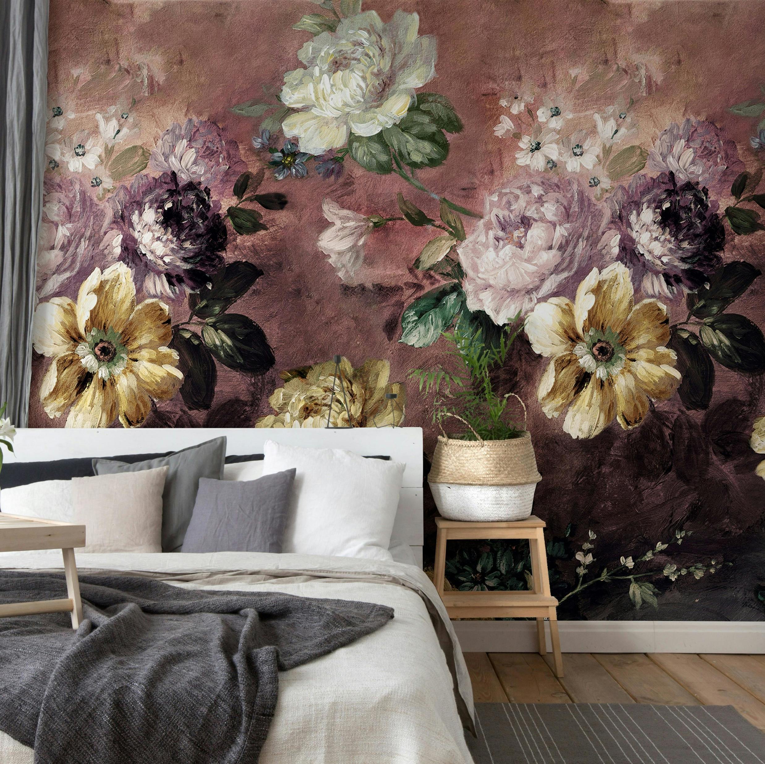 Grandeco Burgundy Painted Flowers 3 Lane Repeatable Wallpaper Mural 1.59 X 2.8M