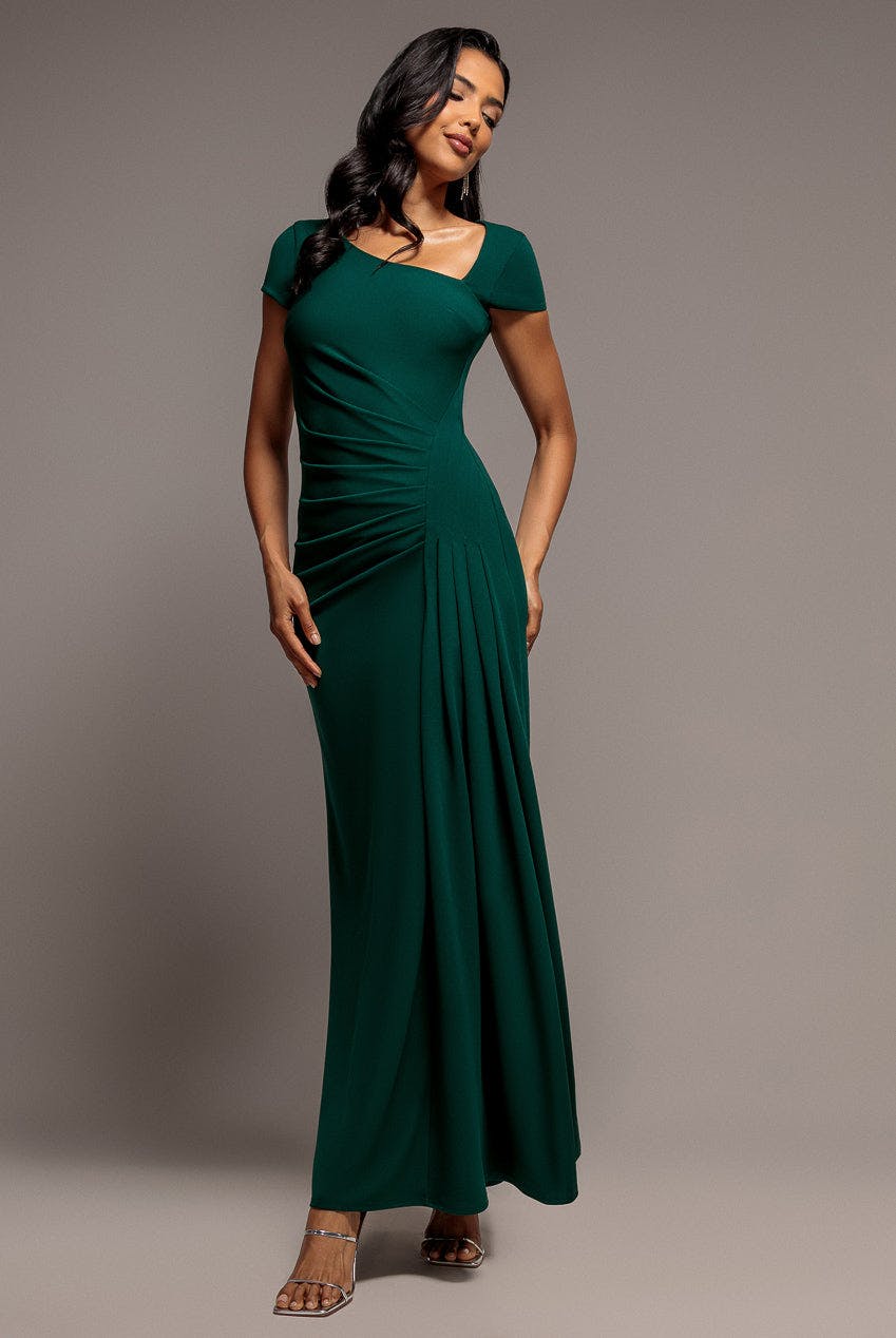 Goddiva Green Cap Sleeve Pleated Asymmetric Maxi Dress - Emerald By - Emerald - 14