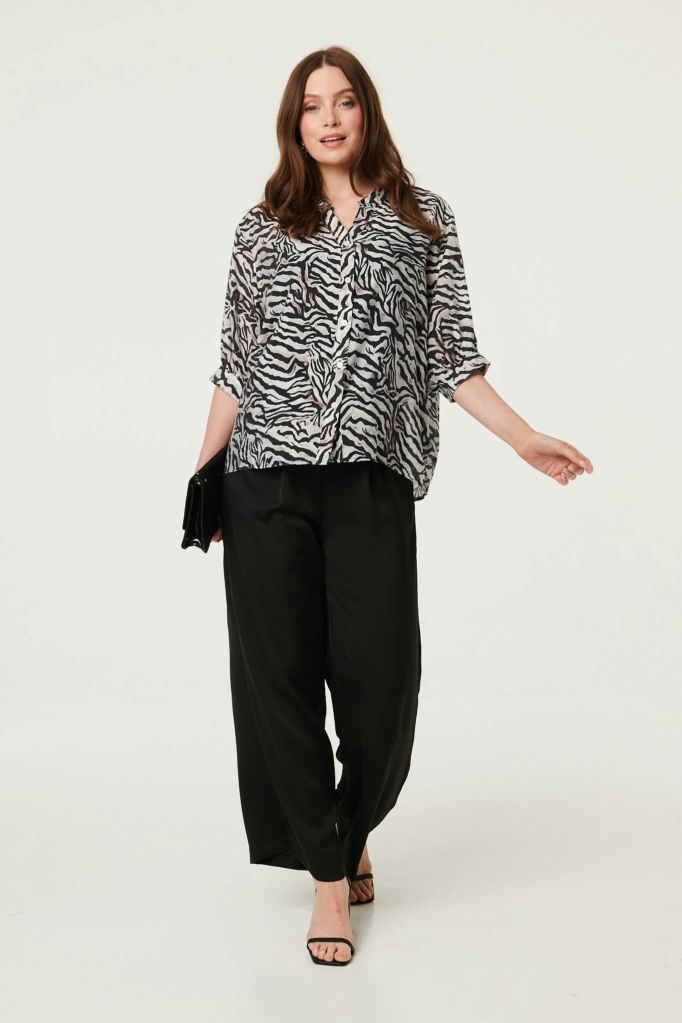 Izabel London Black Zebra Print Button Detail Relaxed Shirt - 12